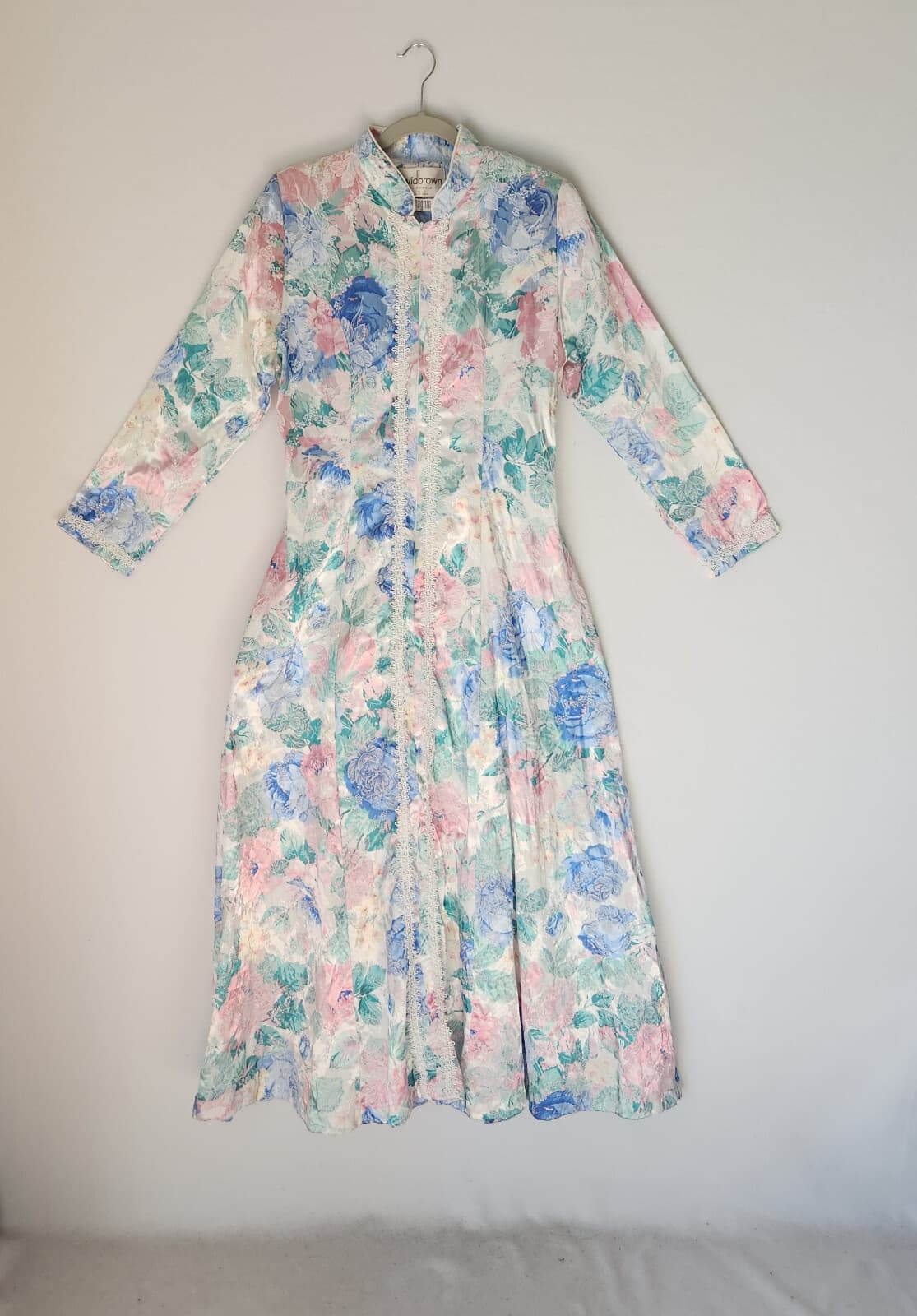 Vintage David Brown I.Magnin Floral Maxi Dress Lace-Trim Zip-Up Multicolor Sz.S - Thumbnail 3