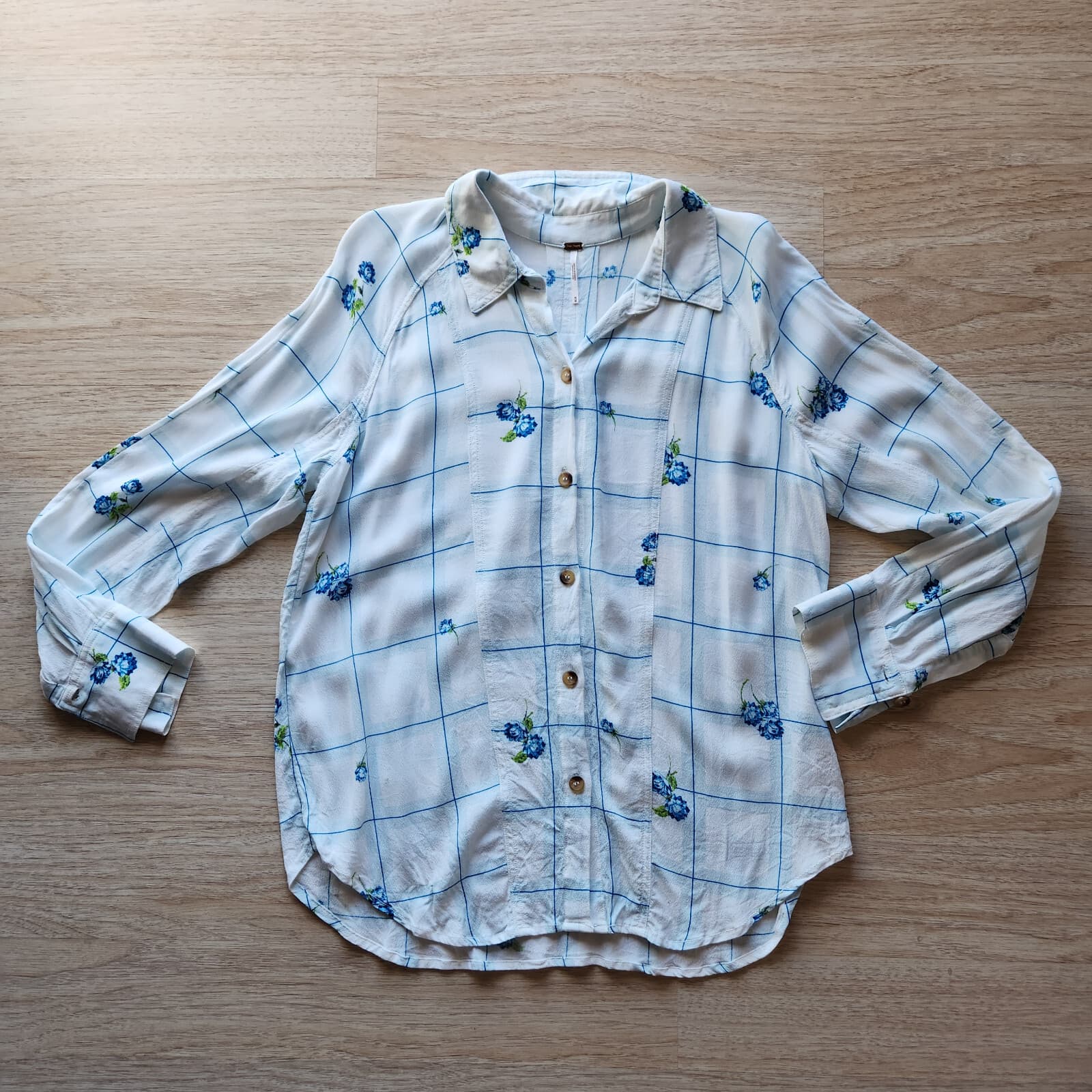 Free People Window to My Heart Floral Check Button-Up Shirt Long Sleeve White M - Thumbnail 6
