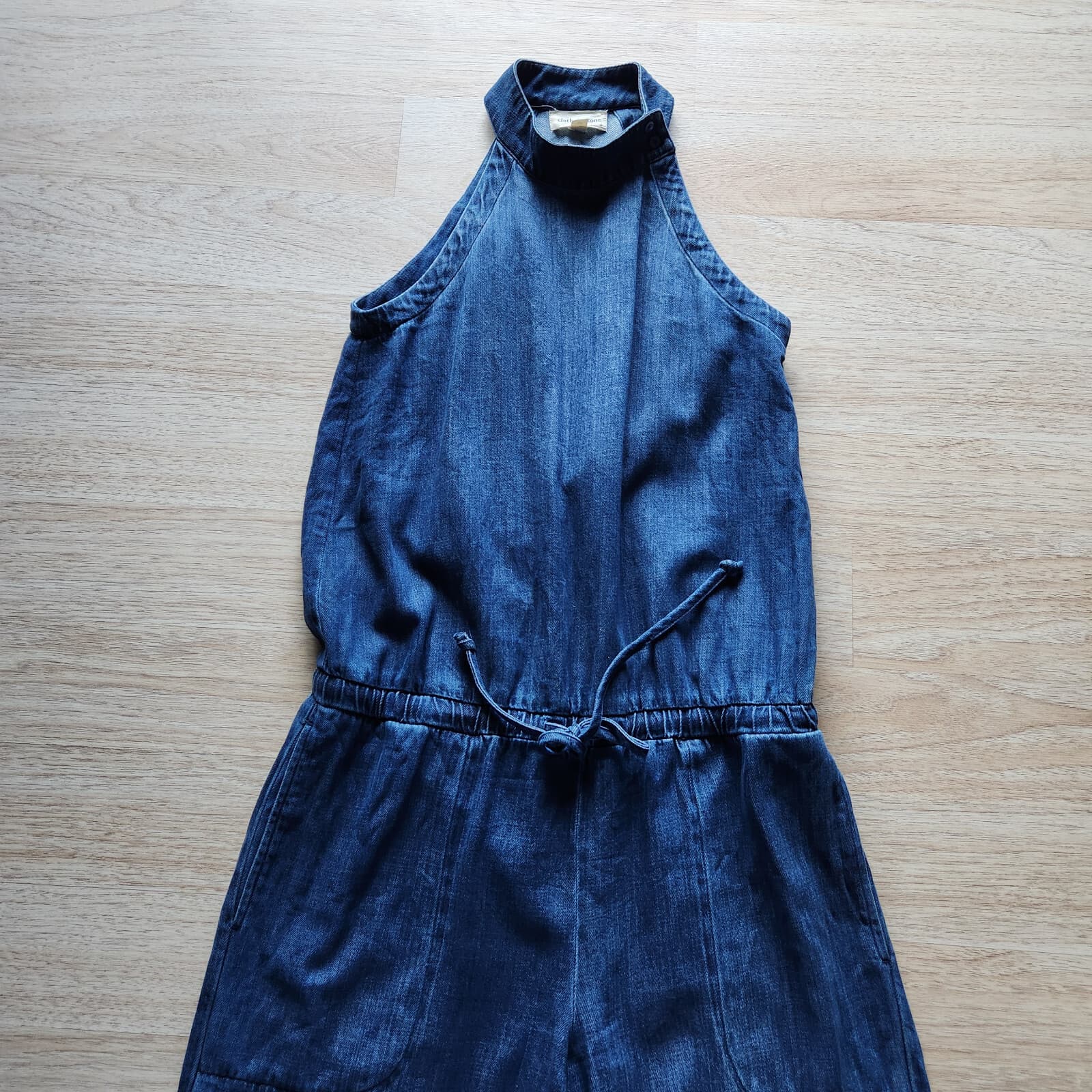 Cloth & Stone Bella Dahl Denim Wide Leg Jumpsuit Pocket Raw Hem Halter Neck Sz.M - Thumbnail 8