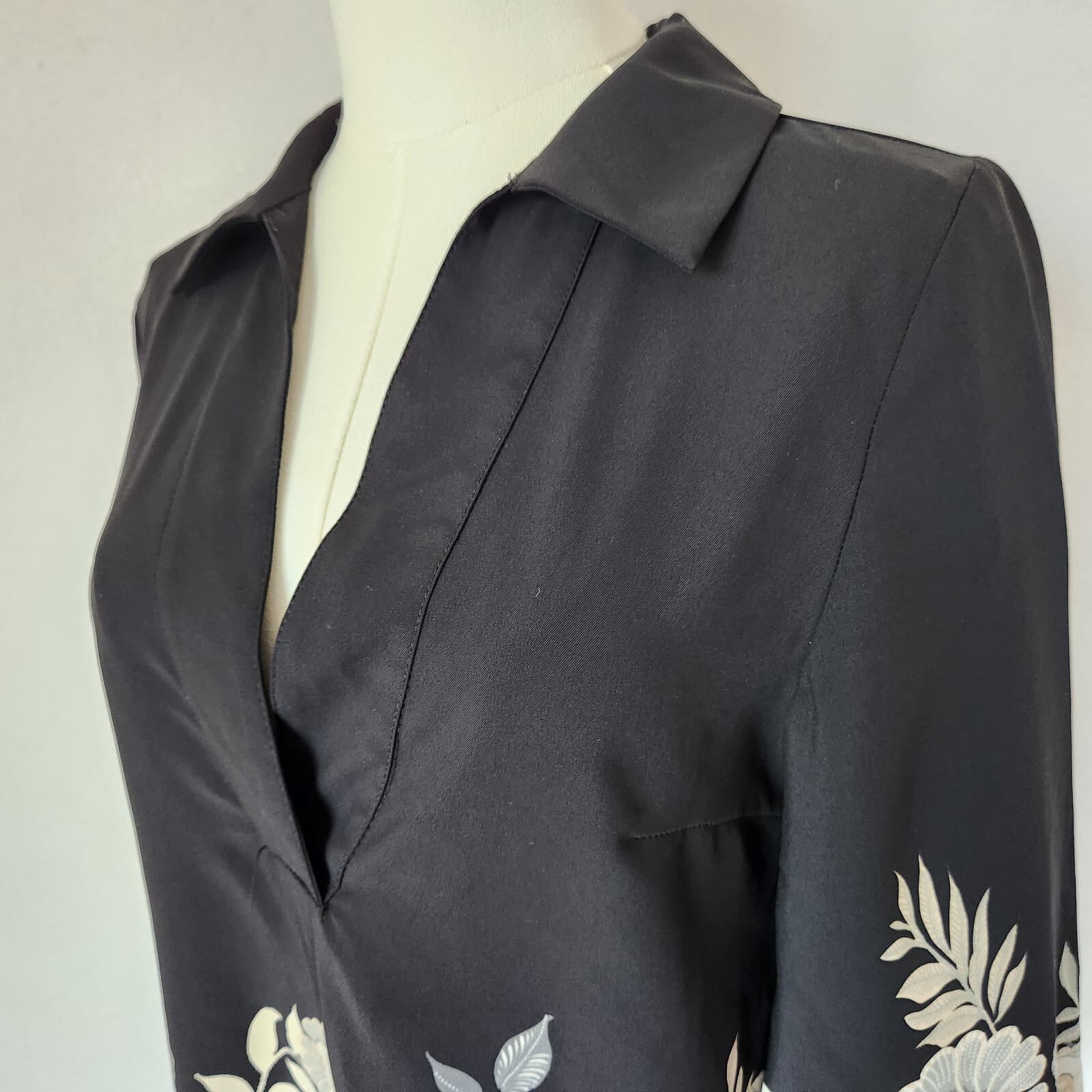 ZARA Floral Printed Mini Dress Long Sleeve Collar V-Neck Black Cream Women's S - Thumbnail 6