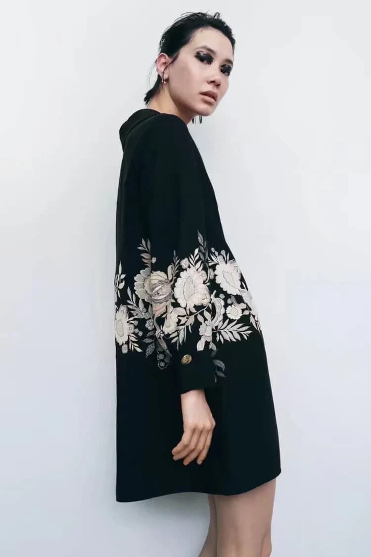ZARA Floral Printed Mini Dress Long Sleeve Collar V-Neck Black Cream Women's S - Thumbnail 5
