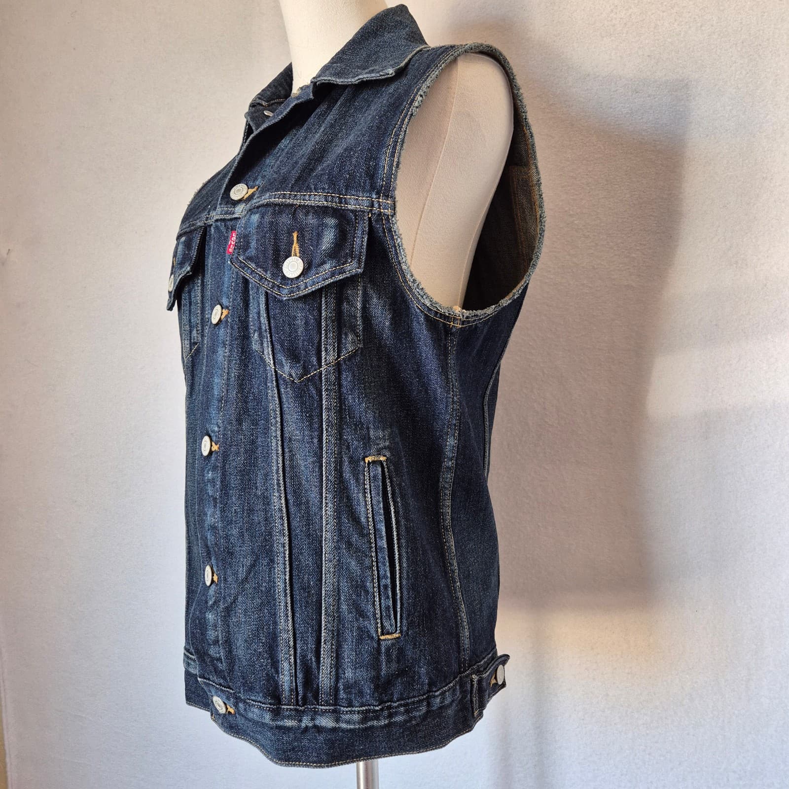 Levi's Blue Denim Trucker Vest Jacket Metal-Button Point Collar Pocket Men's S - Thumbnail 5