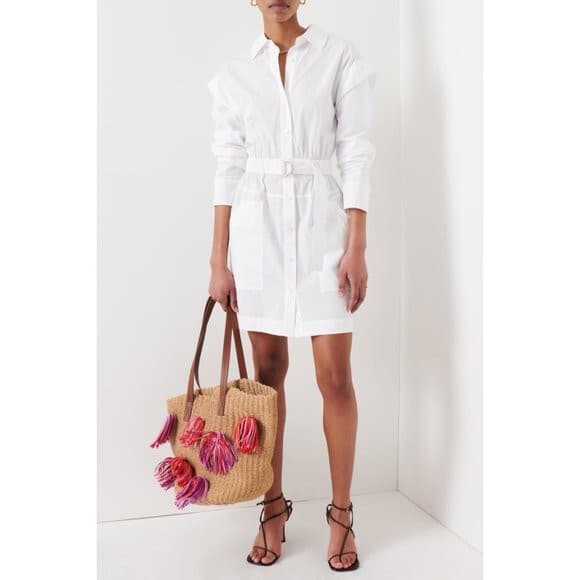 Derek Lam 10 Crosby Hadley Ruched Cotton Poplin Mini Shirt Dress Belted White 6 - Thumbnail 2