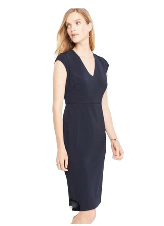NEW Ann Taylor Sheath Dress Knee Length V-Neck Cap Sleeve Stretch Navy Blue 14 - Thumbnail 3