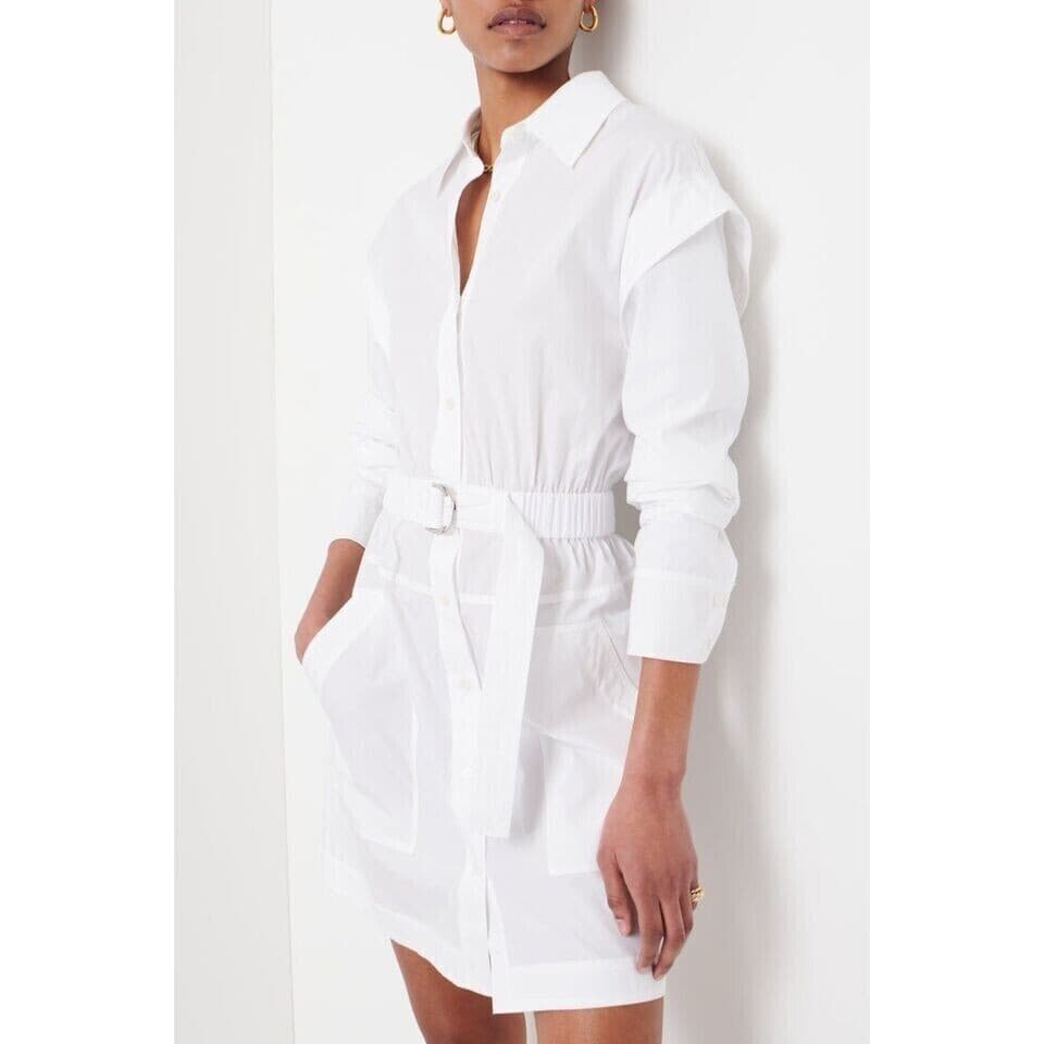 Derek Lam 10 Crosby Hadley Ruched Cotton Poplin Mini Shirt Dress Belted White 6 - Thumbnail 4