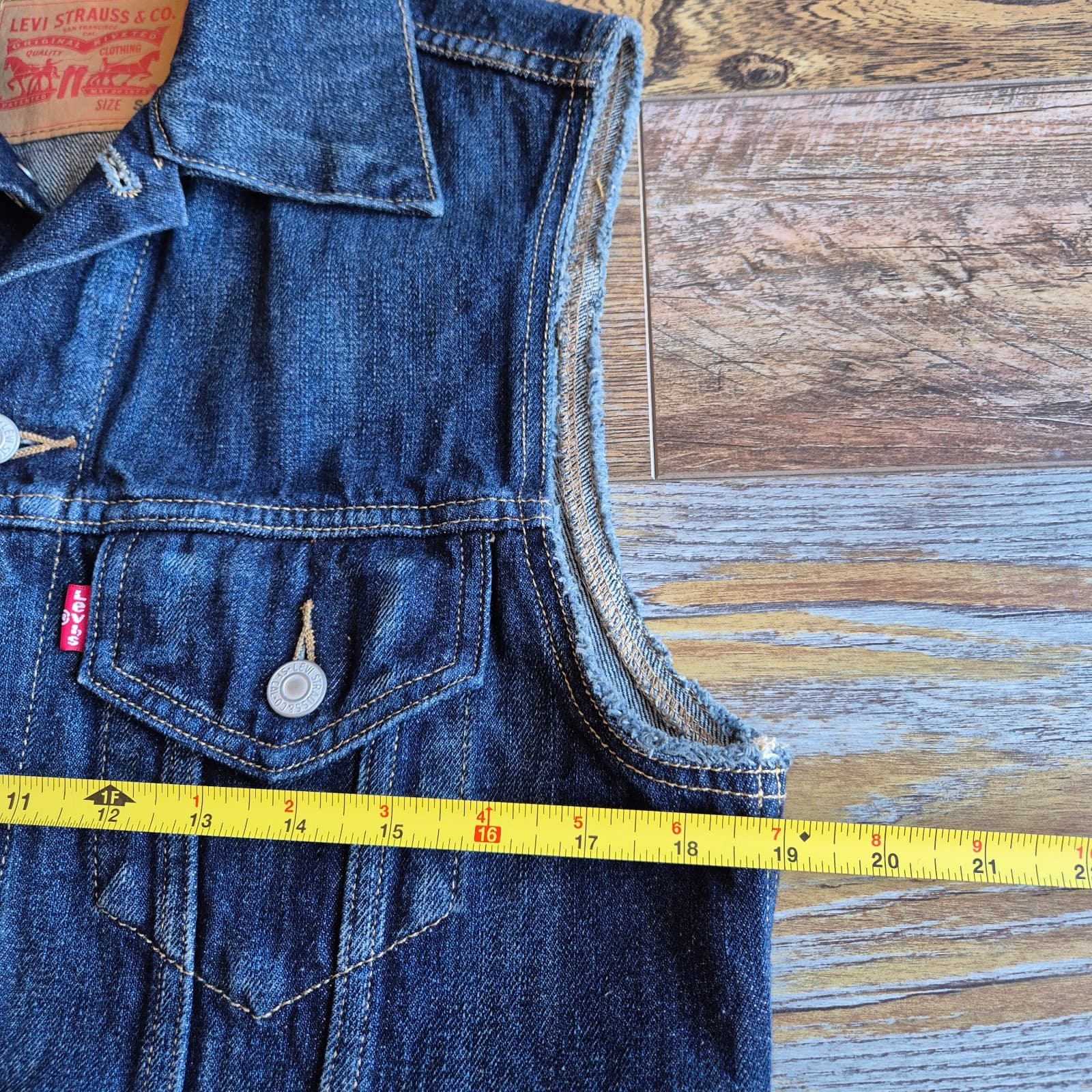 Levi's Blue Denim Trucker Vest Jacket Metal-Button Point Collar Pocket Men's S - Thumbnail 9