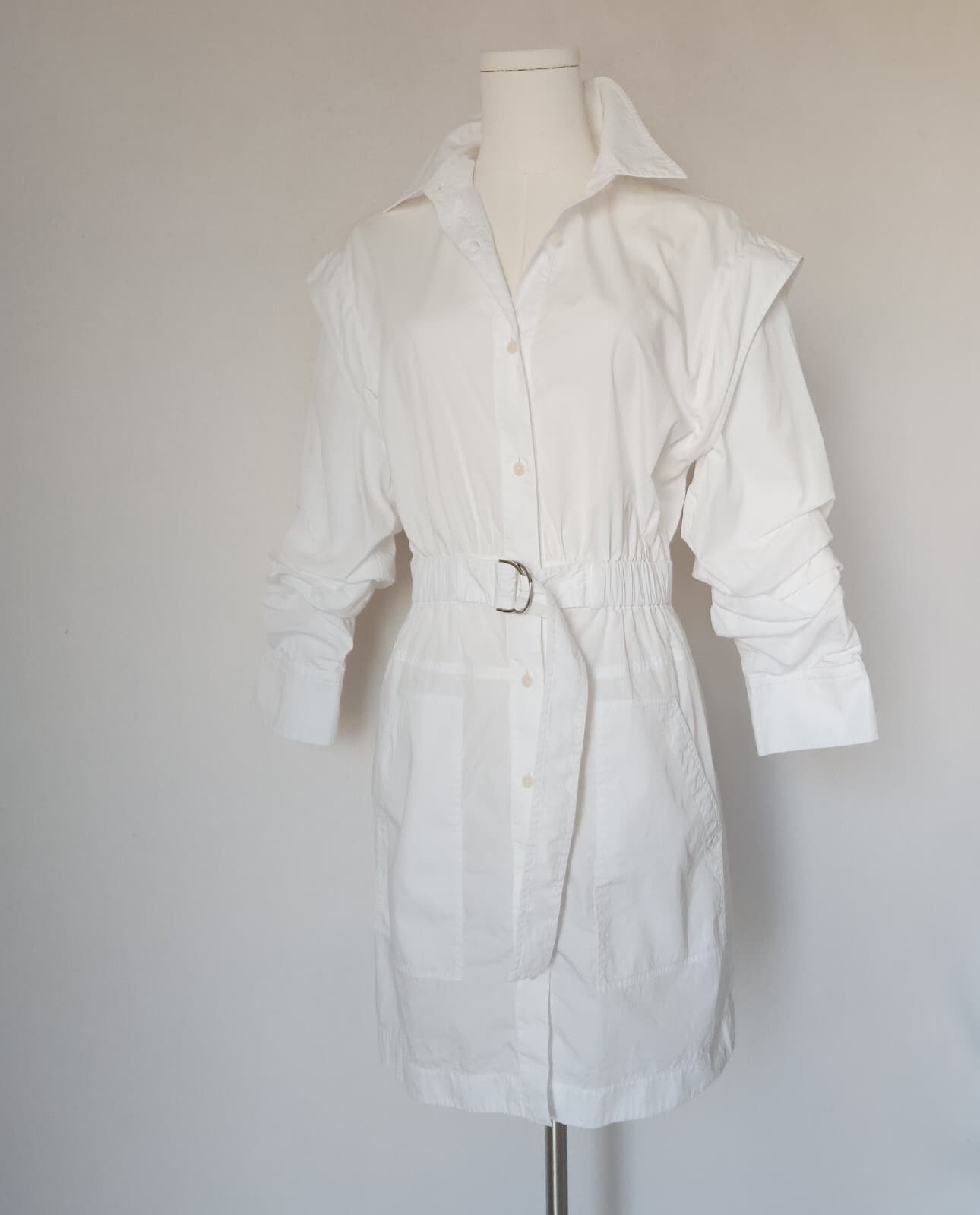 Derek Lam 10 Crosby Hadley Ruched Cotton Poplin Mini Shirt Dress Belted White 6 - Thumbnail 3