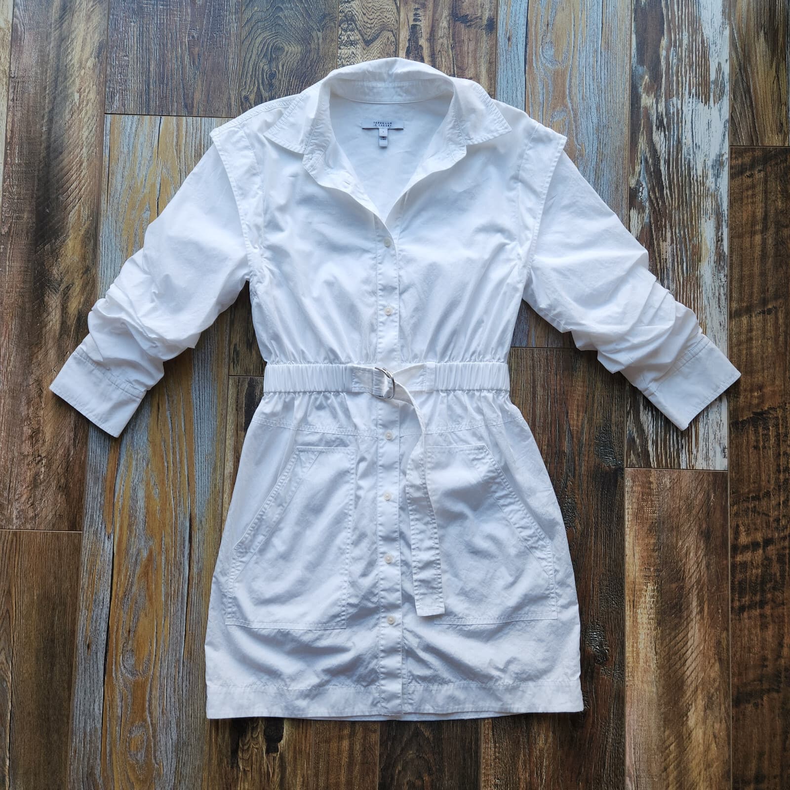 Derek Lam 10 Crosby Hadley Ruched Cotton Poplin Mini Shirt Dress Belted White 6 - Thumbnail 5
