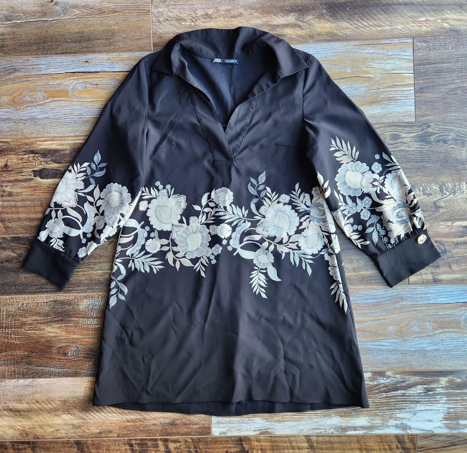 ZARA Floral Printed Mini Dress Long Sleeve Collar V-Neck Black Cream Women's S - Thumbnail 2