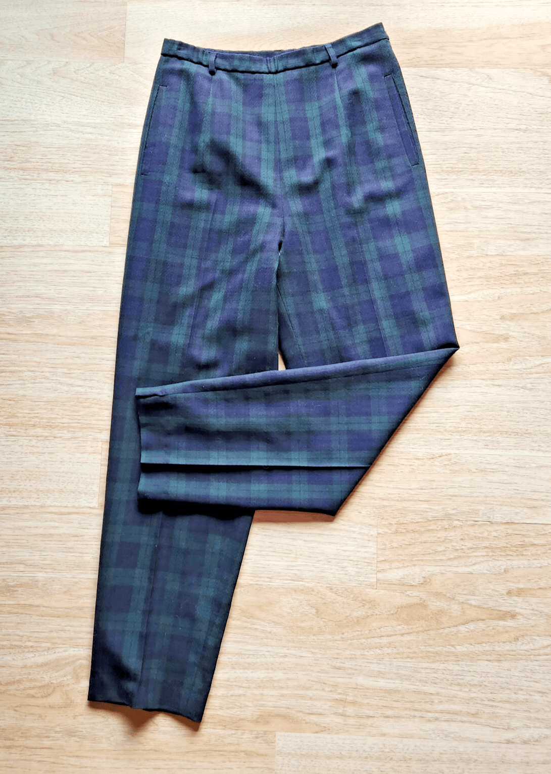 Vintage Pendleton 100%Virgin Wool Plaid Pants Pocket Zip Green Blue Women 12 USA