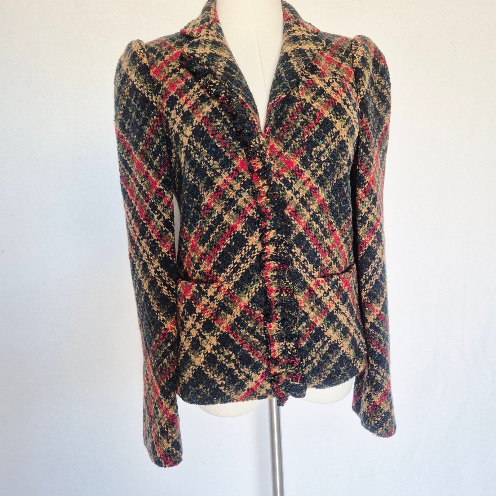 DKNY Wool Blend Tartan Tweed Boucle Jacket Blazer Ruffle Snap Multicolor Size 4 - Thumbnail 2