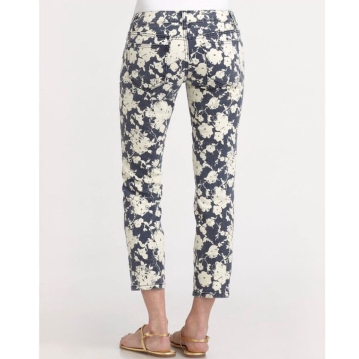 Tory Burch Alexa Floral Cropped Skinny Jeans Zip Stretch Beige Blue Women's 27 - Thumbnail 4