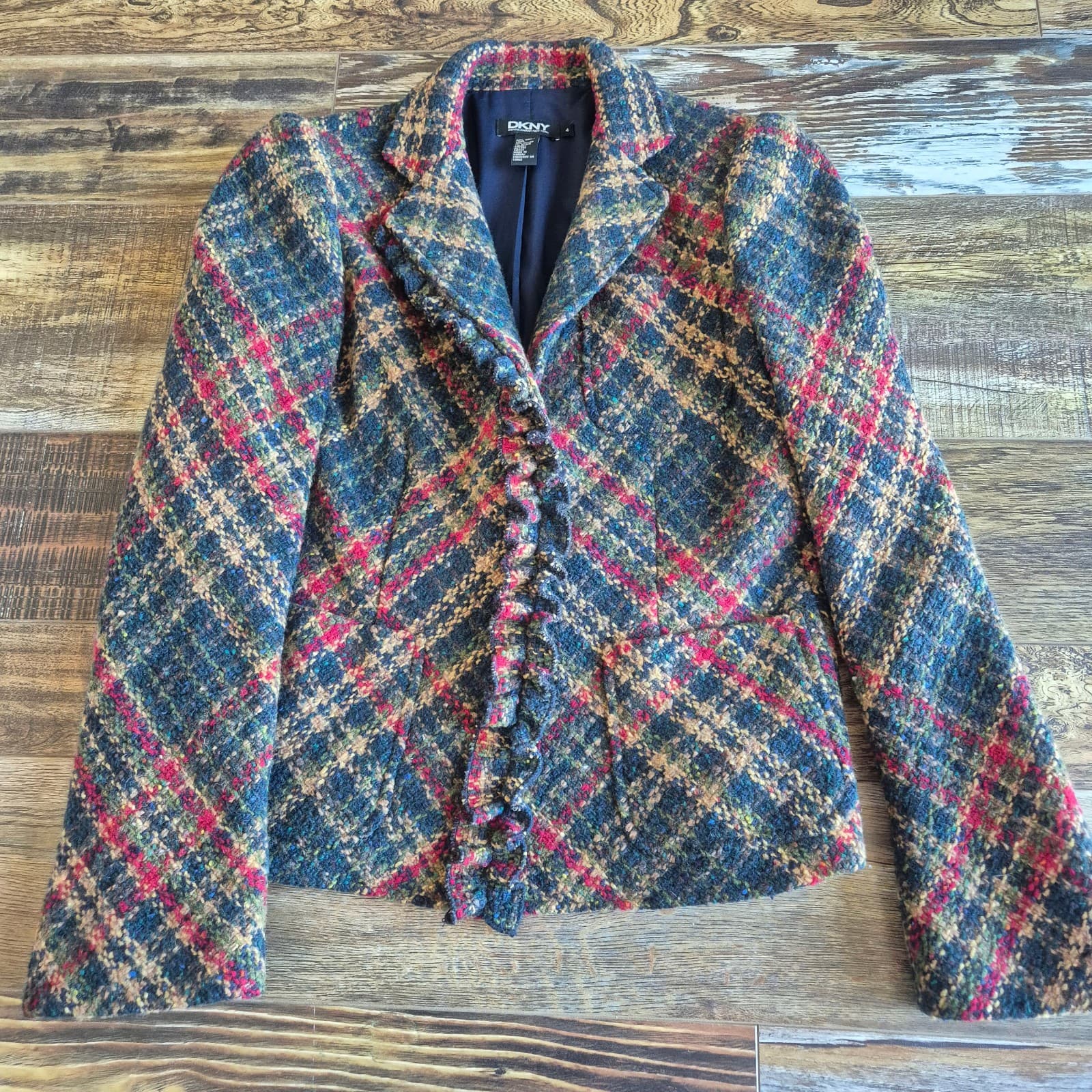 DKNY Wool Blend Tartan Tweed Boucle Jacket Blazer Ruffle Snap Multicolor Size 4 - Thumbnail 7