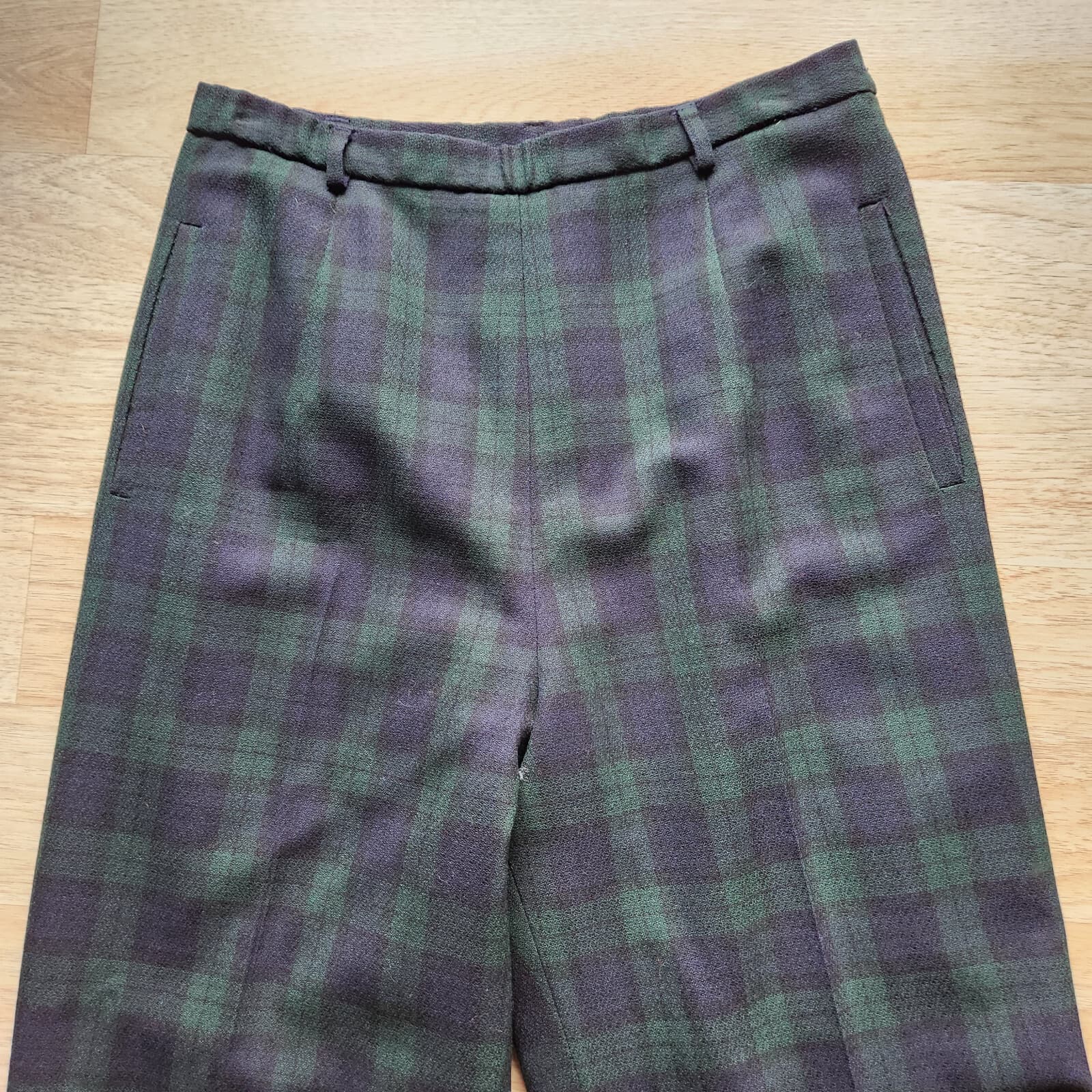 Vintage Pendleton 100%Virgin Wool Plaid Pants Pocket Zip Green Blue Women 12 USA - Thumbnail 2