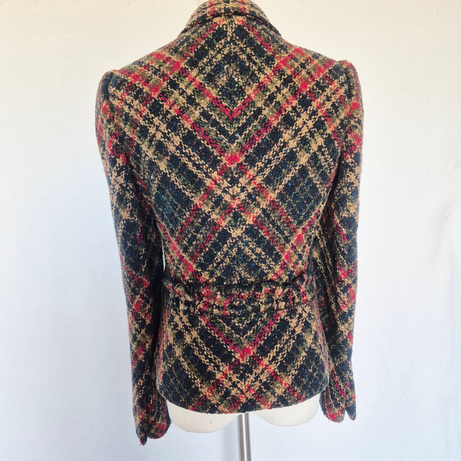 DKNY Wool Blend Tartan Tweed Boucle Jacket Blazer Ruffle Snap Multicolor Size 4 - Thumbnail 6