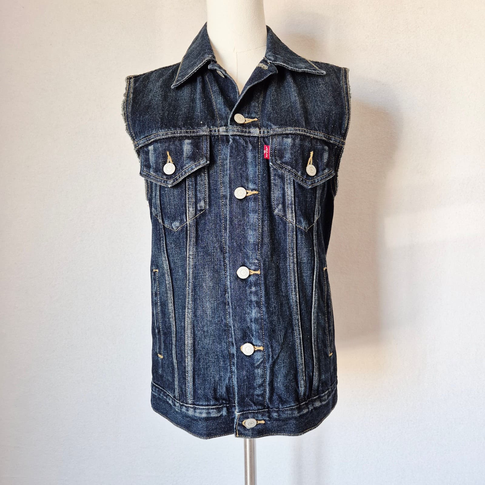 Levi's Blue Denim Trucker Vest Jacket Metal-Button Point Collar Pocket Men's S - Thumbnail 2