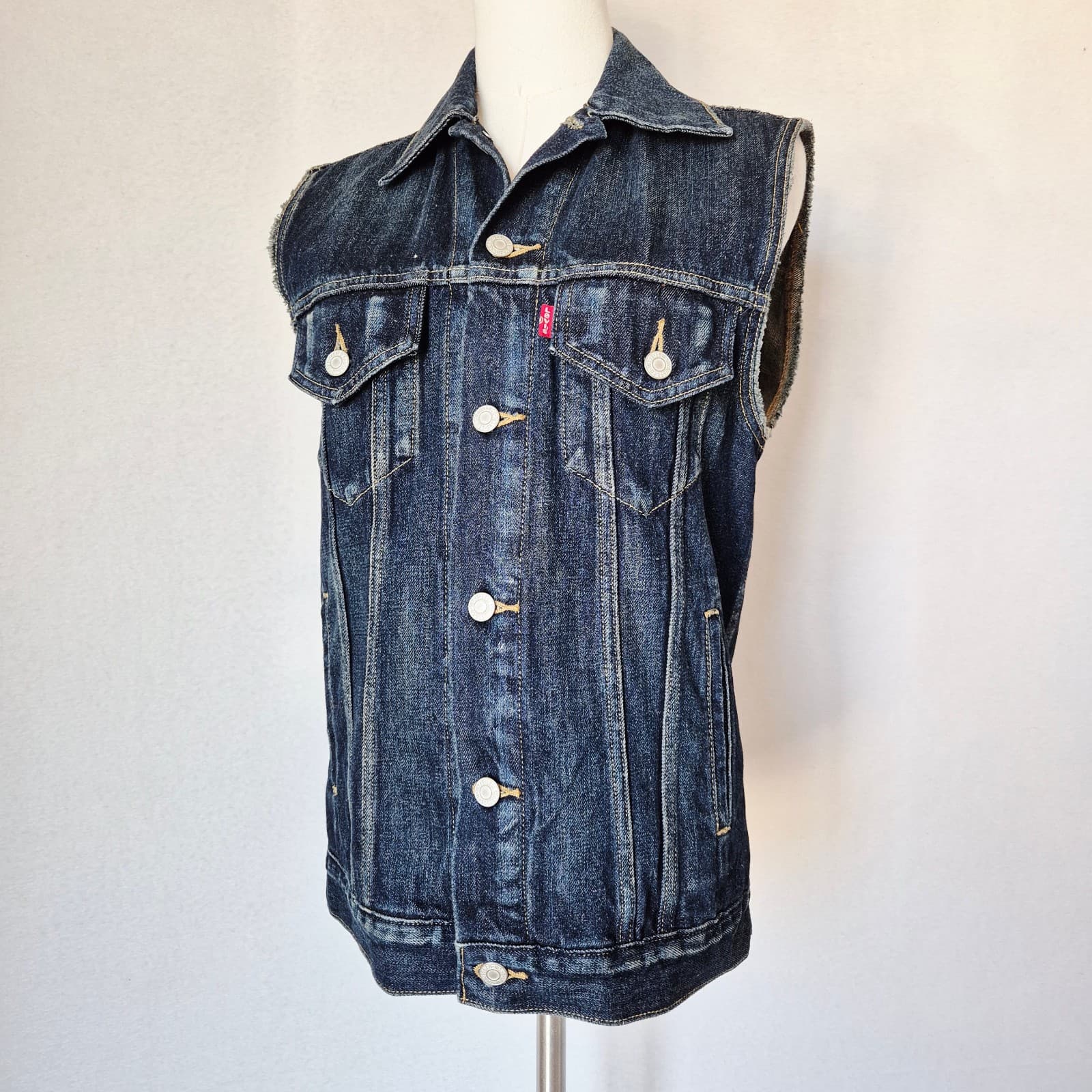 Levi's Blue Denim Trucker Vest Jacket Metal-Button Point Collar Pocket Men's S - Thumbnail 3