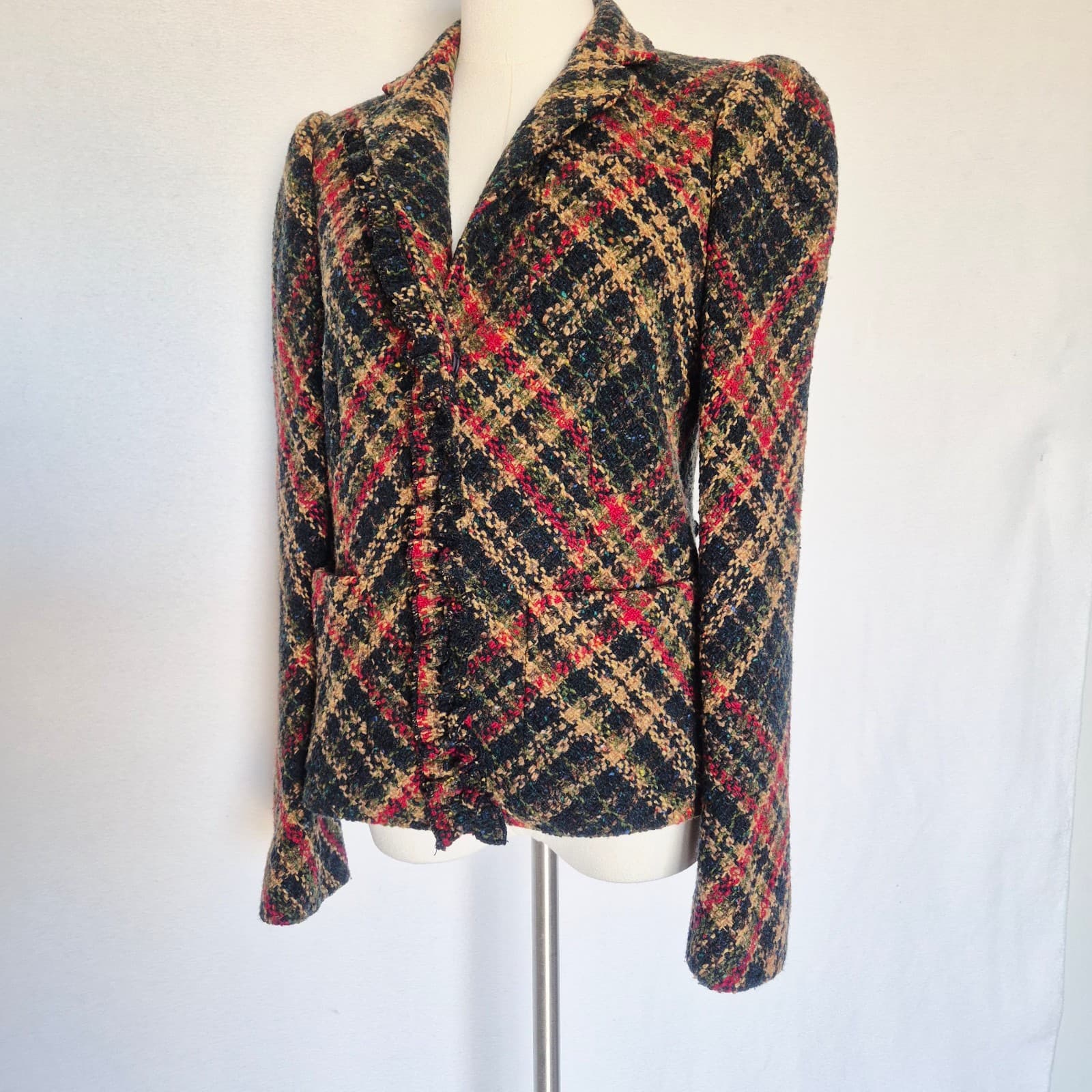 DKNY Wool Blend Tartan Tweed Boucle Jacket Blazer Ruffle Snap Multicolor Size 4 - Thumbnail 3