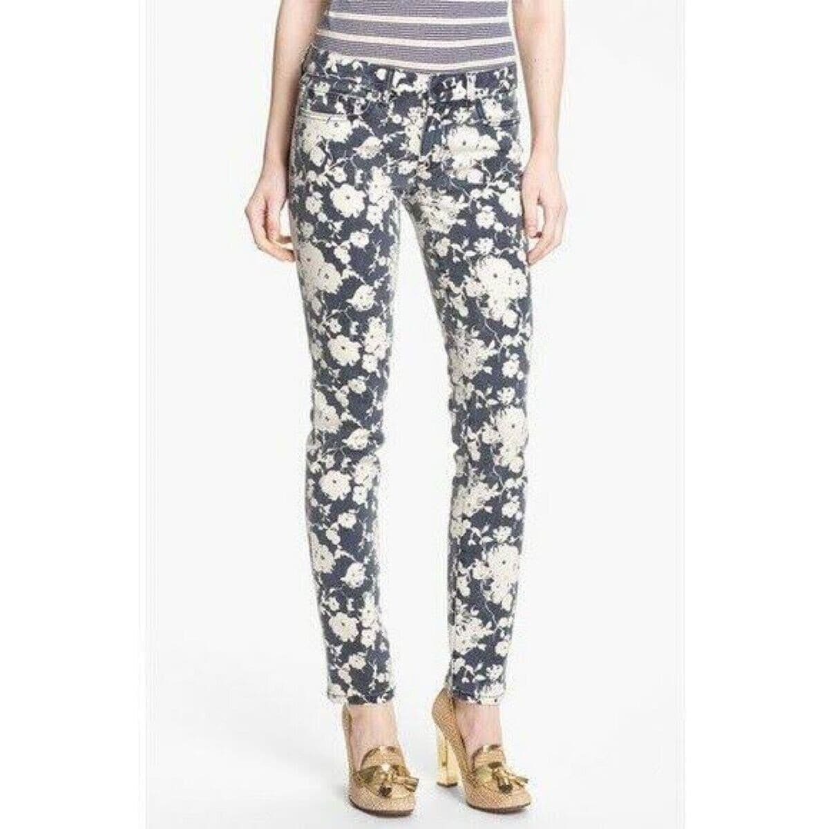 Tory Burch Alexa Floral Cropped Skinny Jeans Zip Stretch Beige Blue Women's 27 - Thumbnail 2