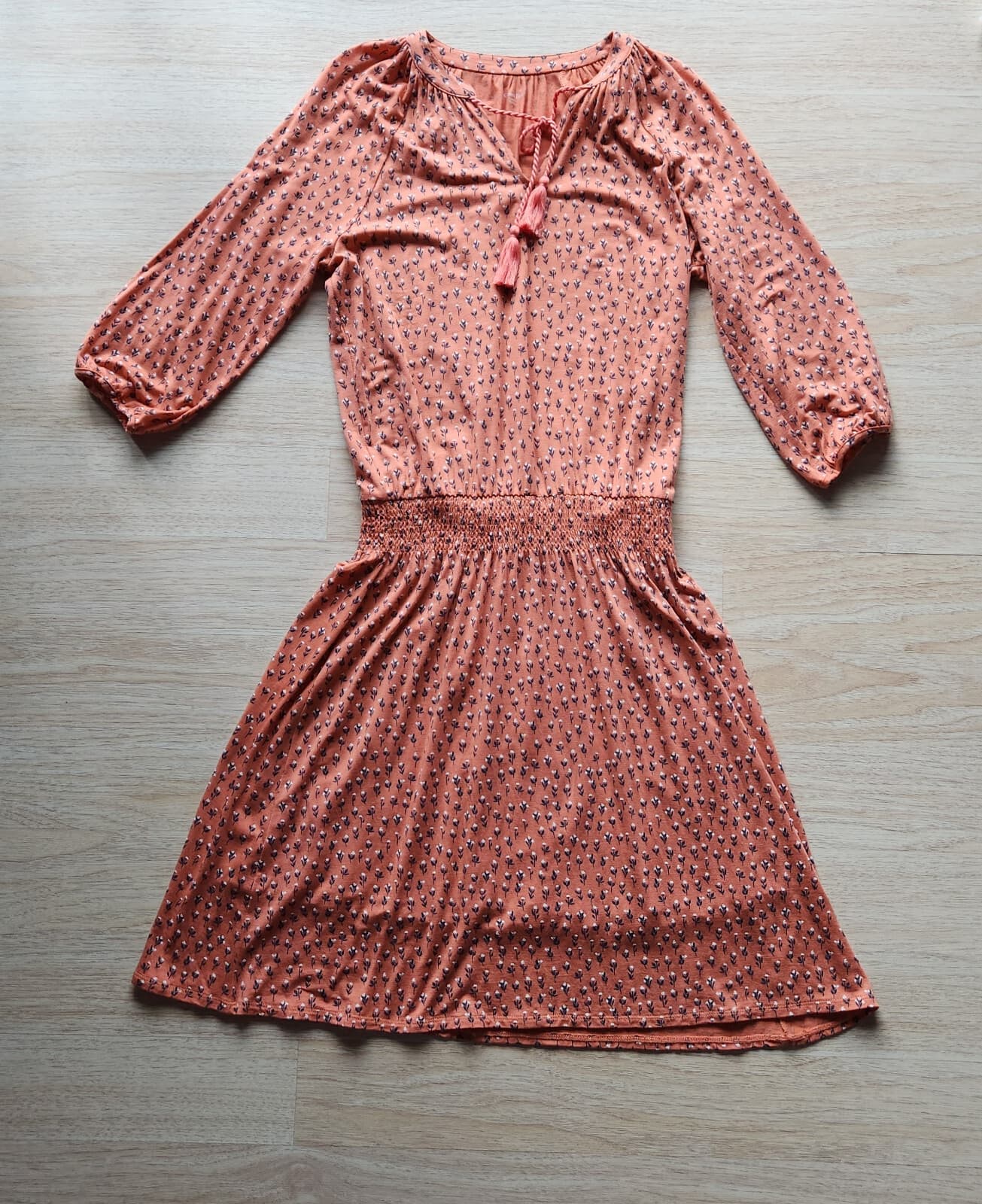 NWoT Garnet Hill Floral Smocked Waist Mini Dress Tassel 3/4 Sleeve Orange Sz.S - Thumbnail 5