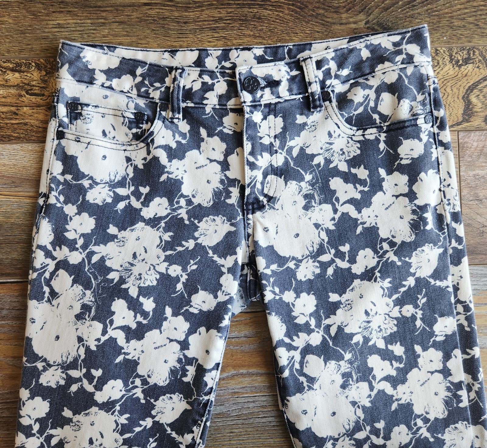 Tory Burch Alexa Floral Cropped Skinny Jeans Zip Stretch Beige Blue Women's 27 - Thumbnail 3