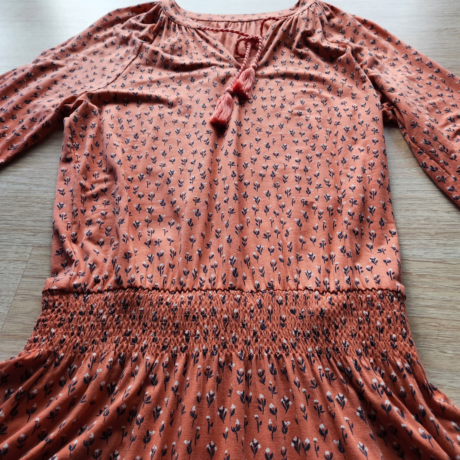 NWoT Garnet Hill Floral Smocked Waist Mini Dress Tassel 3/4 Sleeve Orange Sz.S - Thumbnail 8