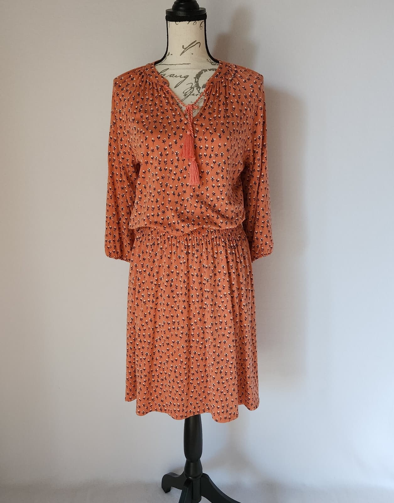 NWoT Garnet Hill Floral Smocked Waist Mini Dress Tassel 3/4 Sleeve Orange Sz.S - Thumbnail 2
