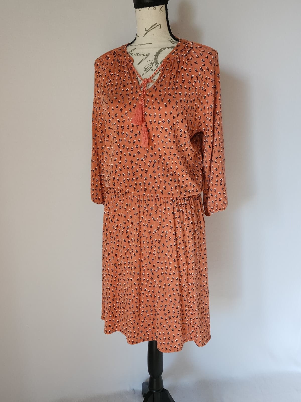 NWoT Garnet Hill Floral Smocked Waist Mini Dress Tassel 3/4 Sleeve Orange Sz.S - Thumbnail 3
