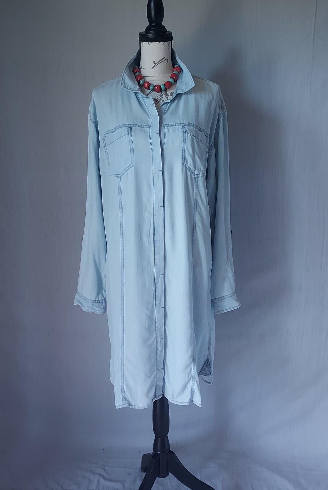 NWT Prana Doryan Vintage Blue Chambray Shirt Dress Roll-Tap Sleeve Women XL $89 - Thumbnail 2