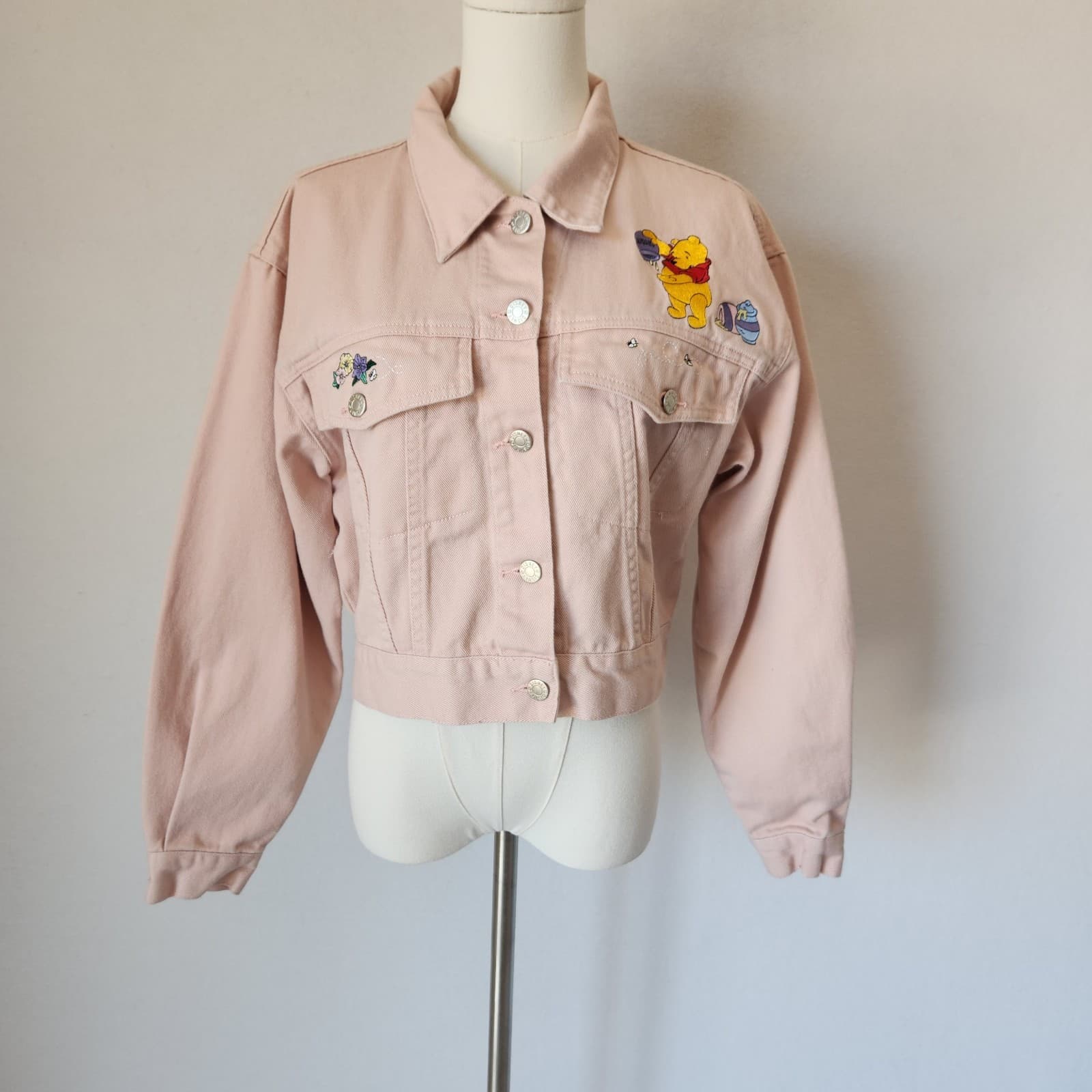 Vintage The Disney Store Winnie The Pooh Embroidered Denim Crop Jacket Pink Sz.L - Thumbnail 2