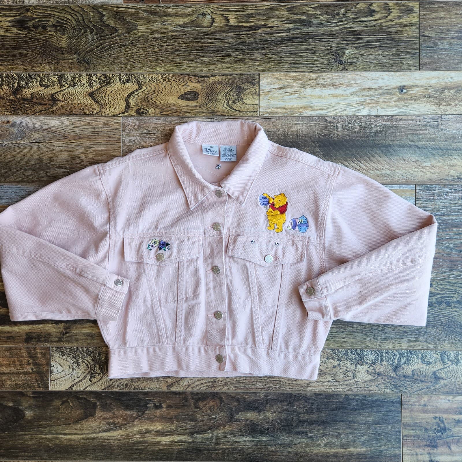 Vintage The Disney Store Winnie The Pooh Embroidered Denim Crop Jacket Pink Sz.L - Thumbnail 7