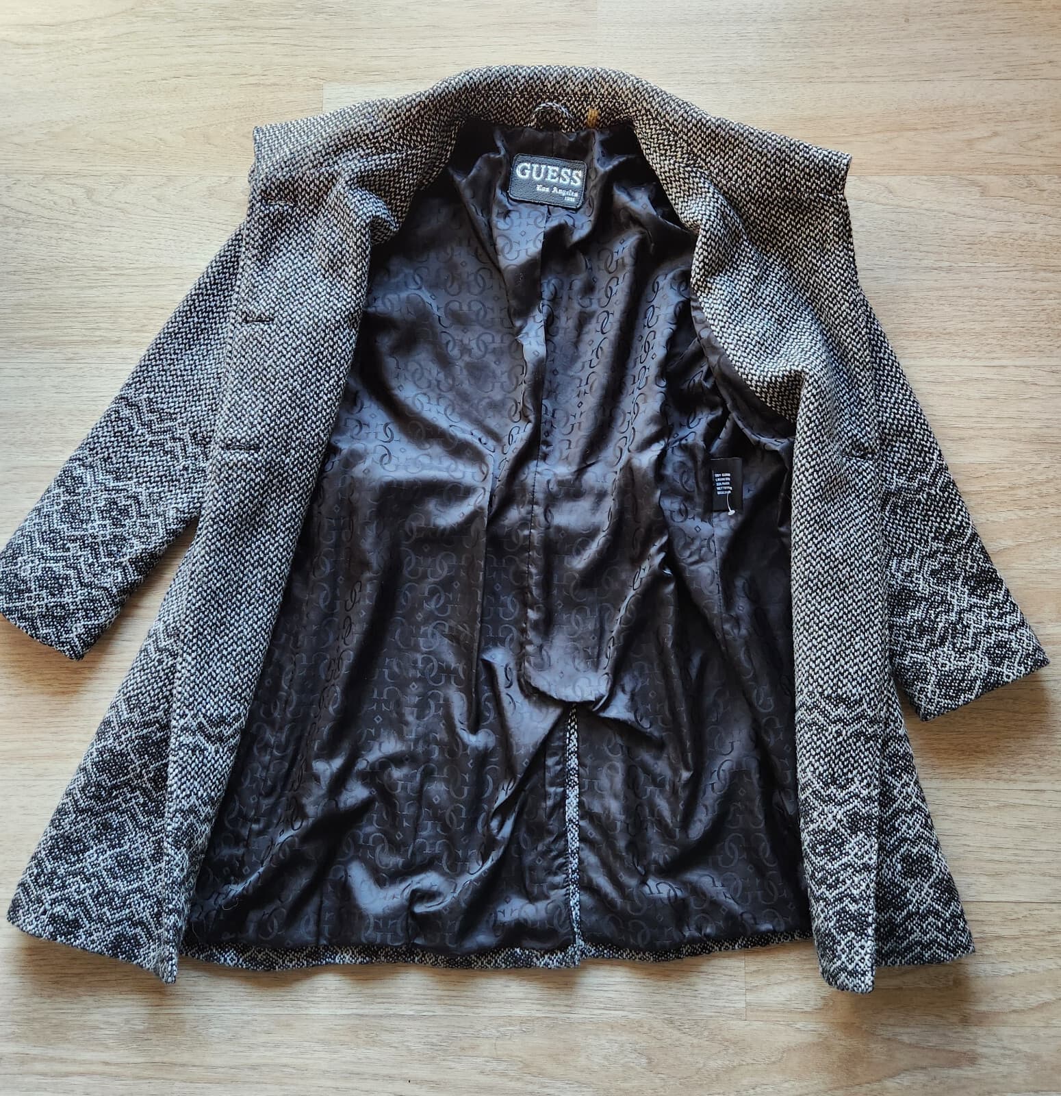 Vintage GUESS Los Angeles 1981 Wool Blend Tweed Double-Breasted Pea Coat Black L - Thumbnail 8