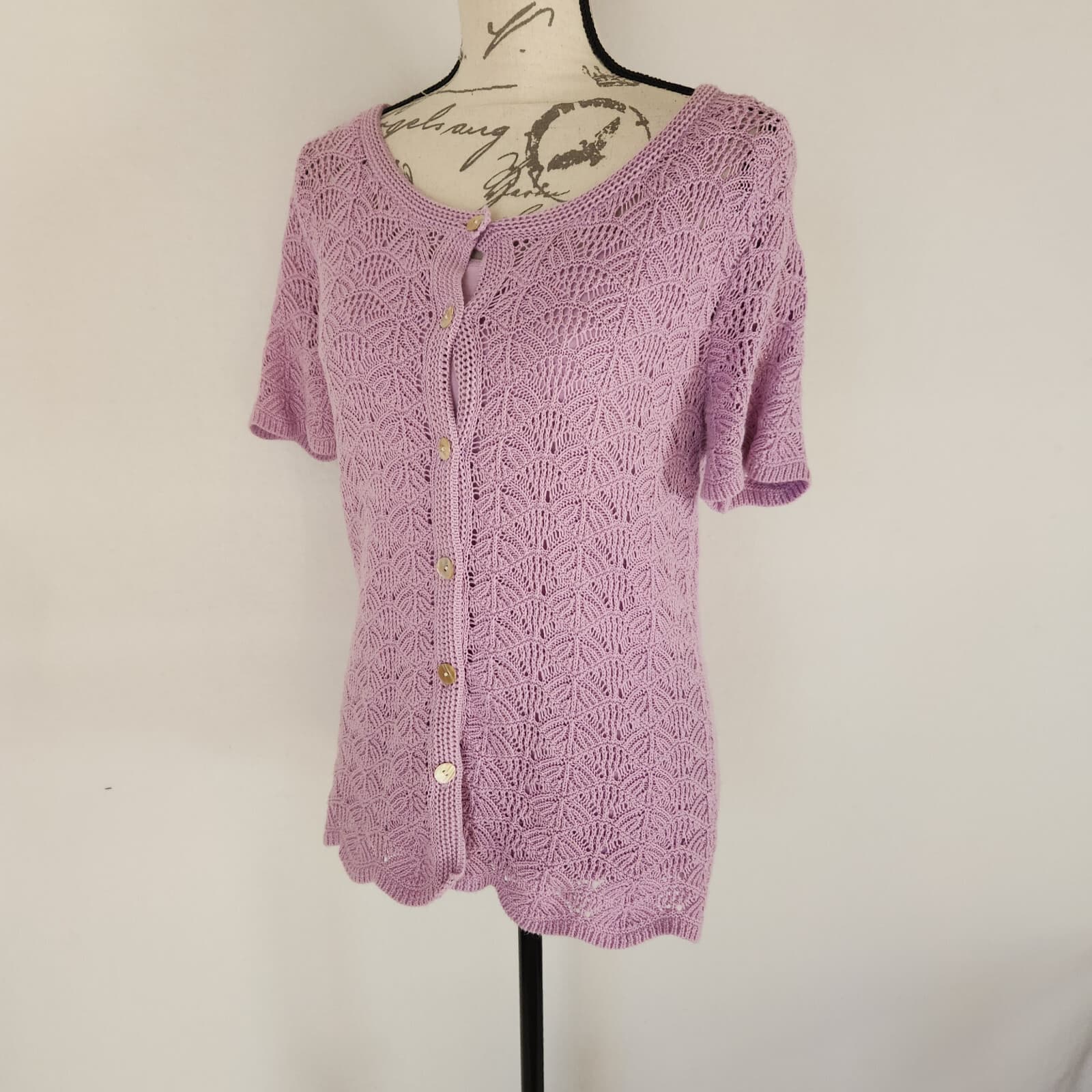 Vintage J.Jill 2Pc Crochet Top+Cami Mother Pearl Button Short Sleeve Purple Sz.M - Thumbnail 2