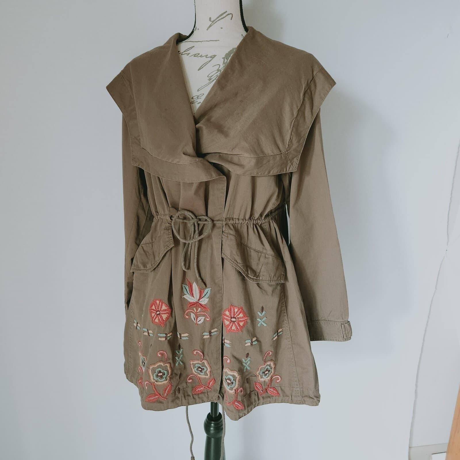 Kyla Seo Embroidered Hooded Jacket Drawstring Pocket Zip Cotton Green Women Sz.L - Thumbnail 2