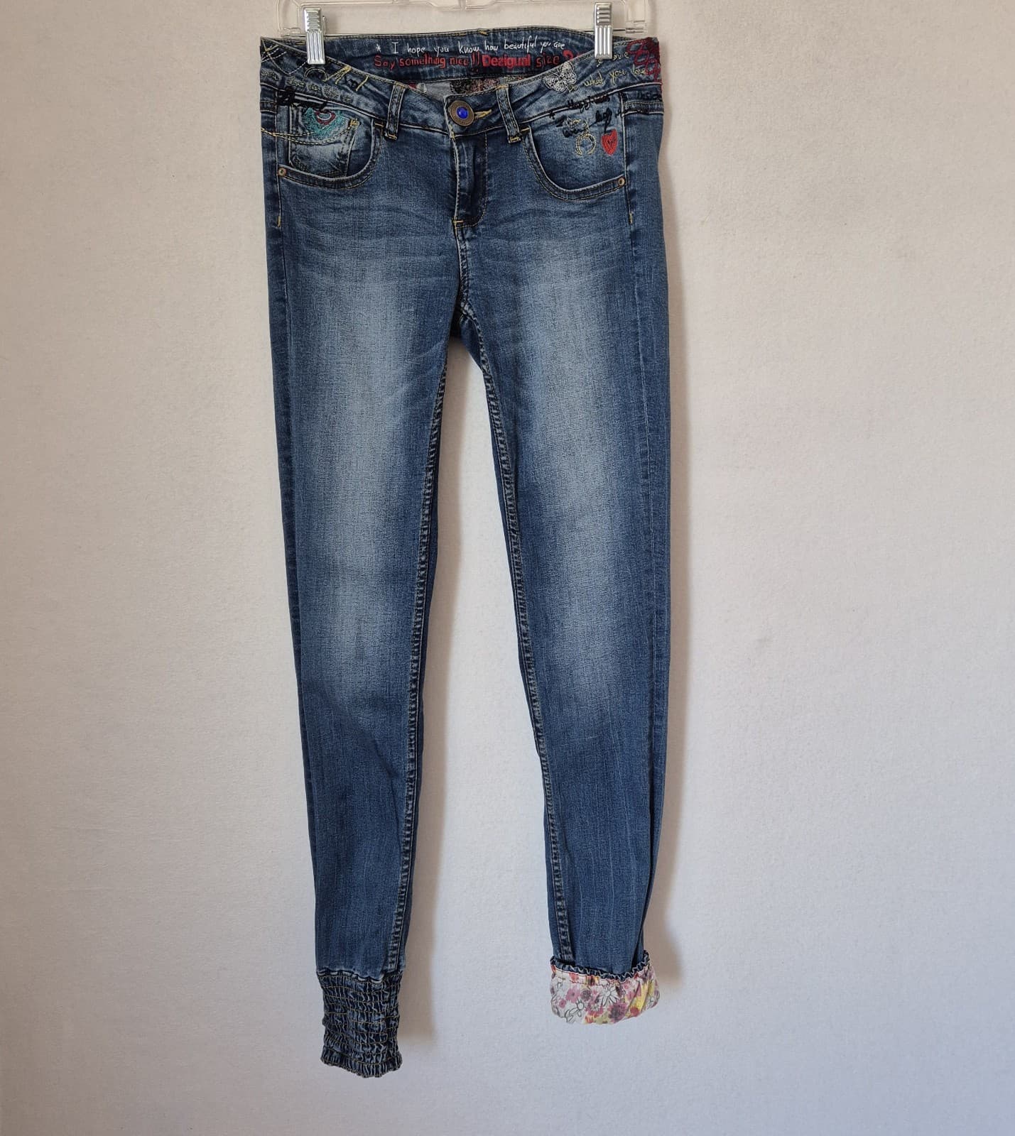 Desigual Embroidered Smocked Ankle Skinny Jeans Low Rise Stretch Blue Women's 28 - Thumbnail 3