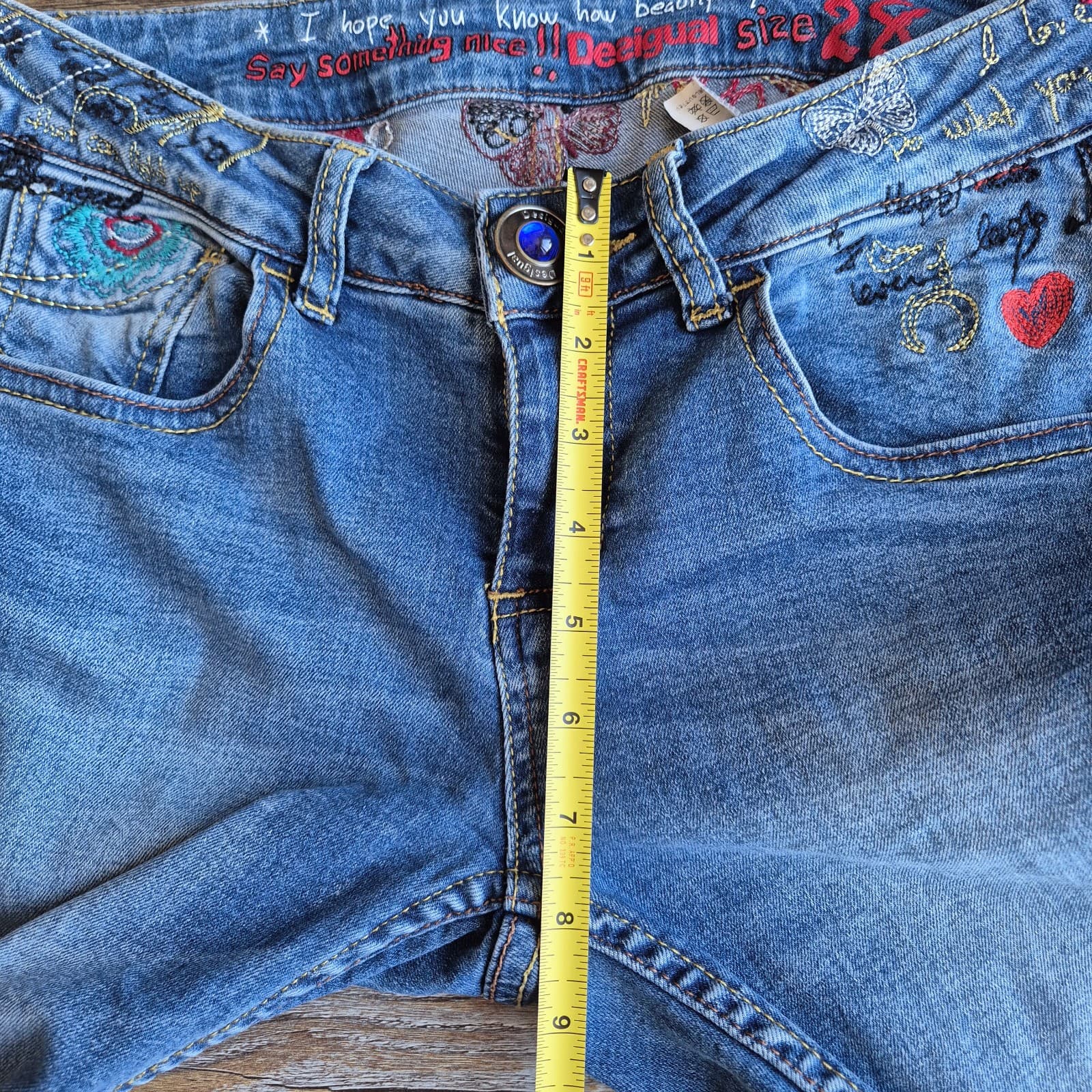Desigual Embroidered Smocked Ankle Skinny Jeans Low Rise Stretch Blue Women's 28 - Thumbnail 13