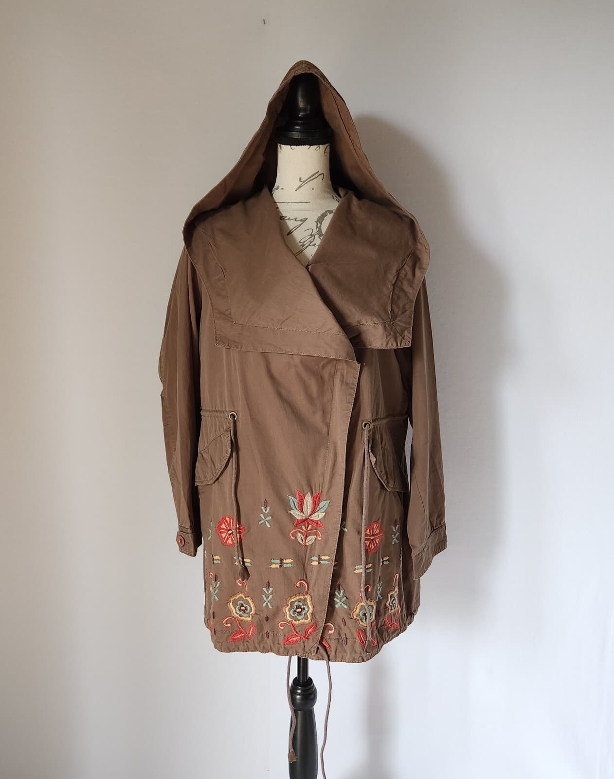 Kyla Seo Embroidered Hooded Jacket Drawstring Pocket Zip Cotton Green Women Sz.L - Thumbnail 4