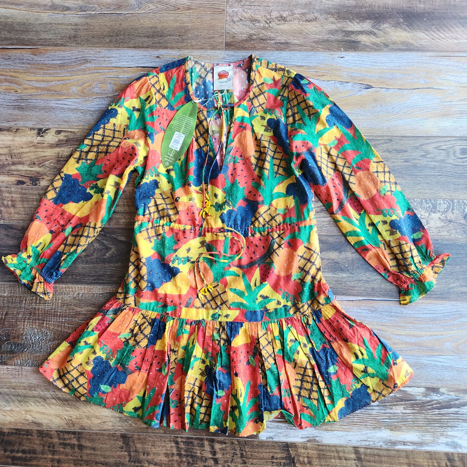 NEW Farm Rio $160 Fruit Salad Boho Mini Dress Tassel Long Sleeve Multicolor XS - Thumbnail 12
