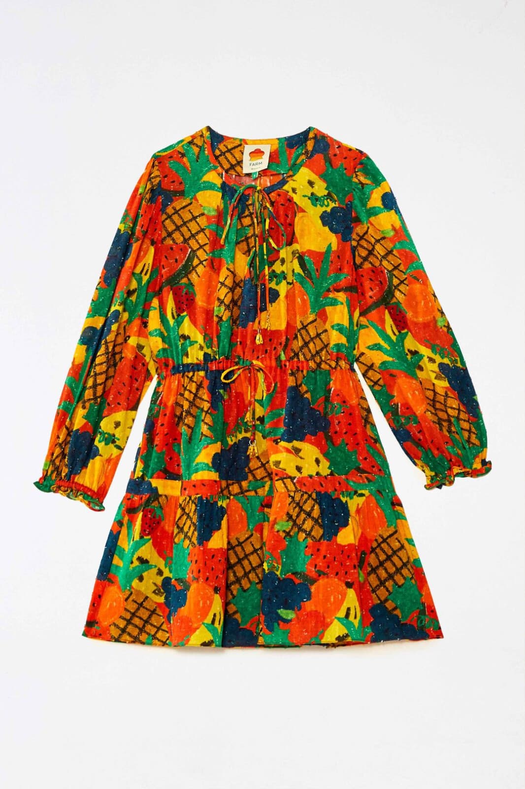 NEW Farm Rio $160 Fruit Salad Boho Mini Dress Tassel Long Sleeve Multicolor XS - Thumbnail 4