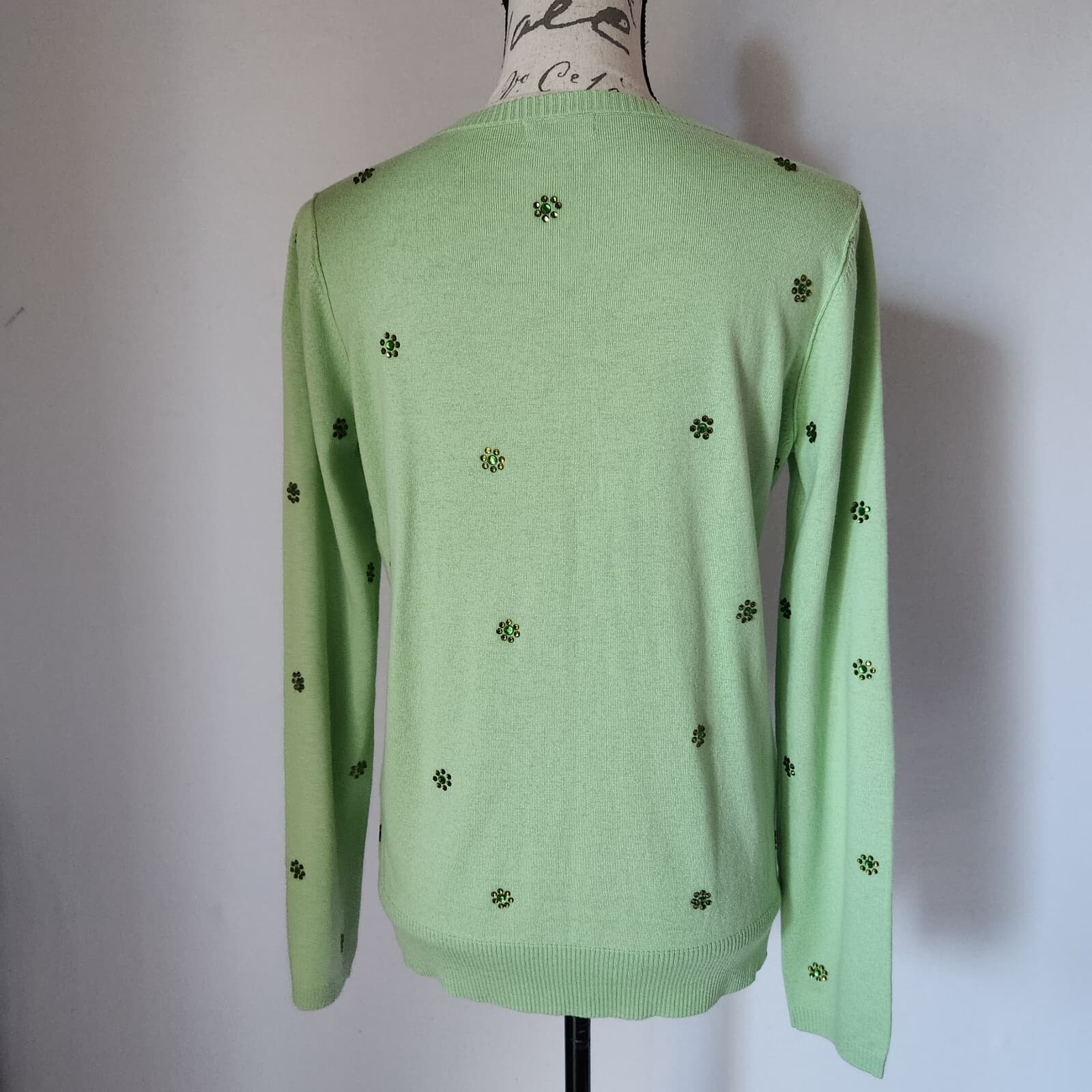 NWoT BEA YUK MUI Crystal Embellished Silk Cotton Sweater V-Neck Green Women's 44 - Thumbnail 4