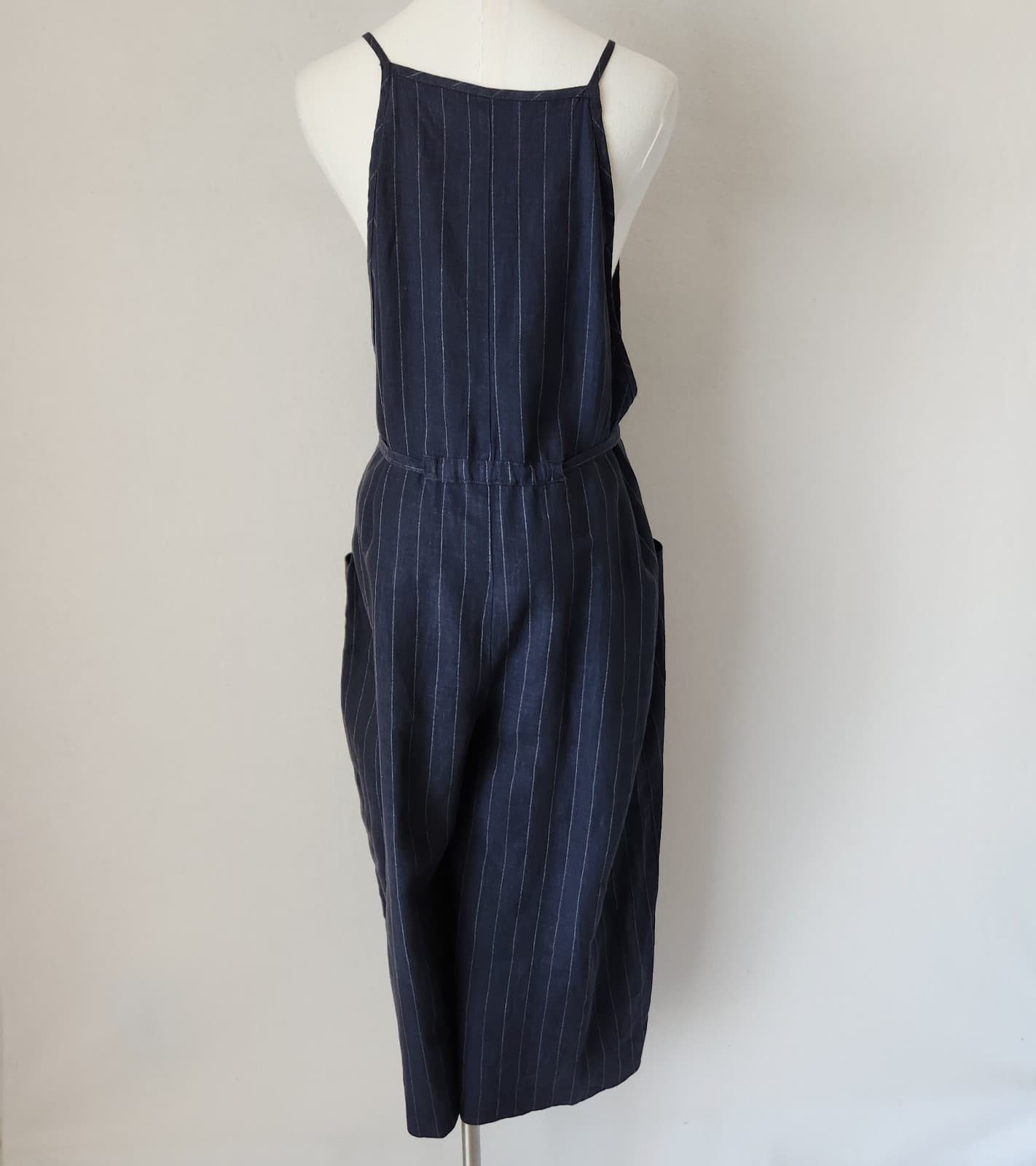 ALEMBIKA Linen Pinstripe Wide Leg Capri Jumpsuit Tie-Waist Pocket Navy Blue Sz.S - Thumbnail 7