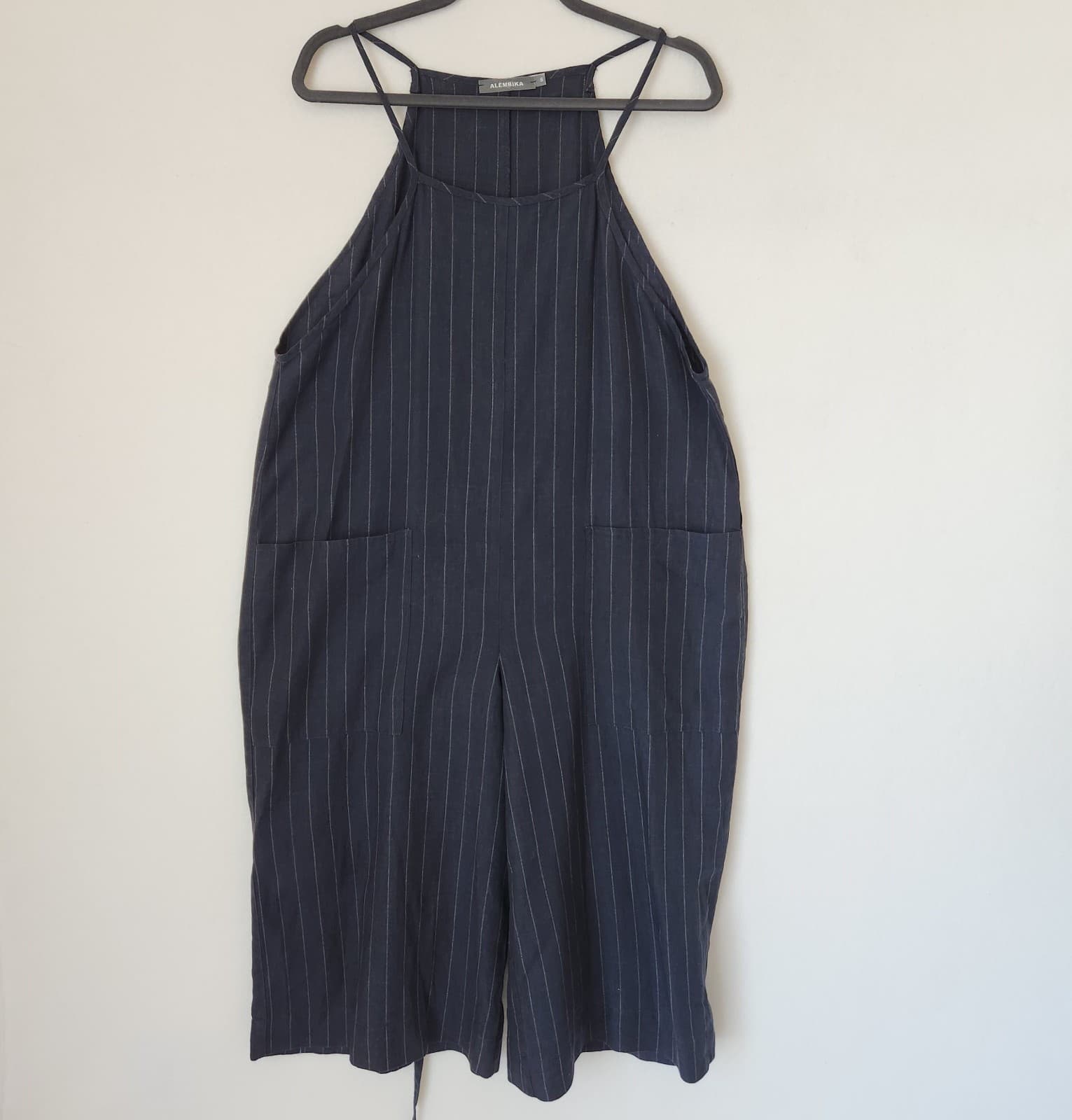 ALEMBIKA Linen Pinstripe Wide Leg Capri Jumpsuit Tie-Waist Pocket Navy Blue Sz.S - Thumbnail 6
