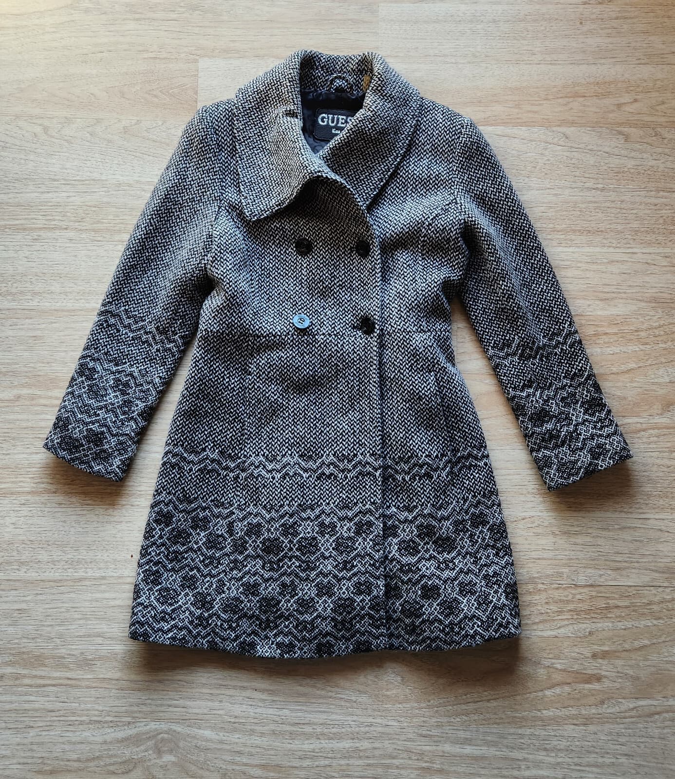 Vintage GUESS Los Angeles 1981 Wool Blend Tweed Double-Breasted Pea Coat Black L - Thumbnail 4