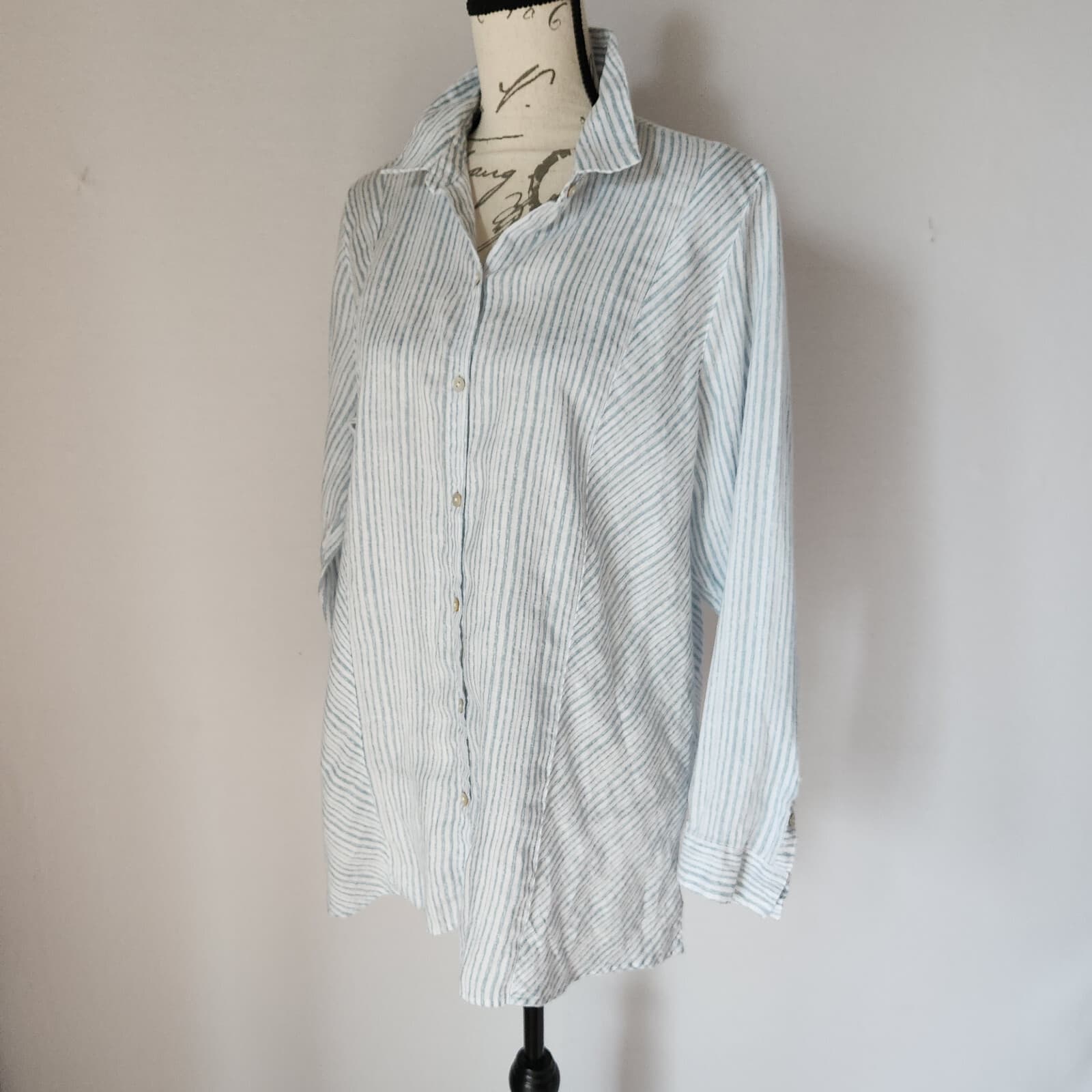 J.Jill Love Linen Stripe Pearl Button-Up Tunic Shirt Long Sleeve Blue White Sz.L - Thumbnail 2