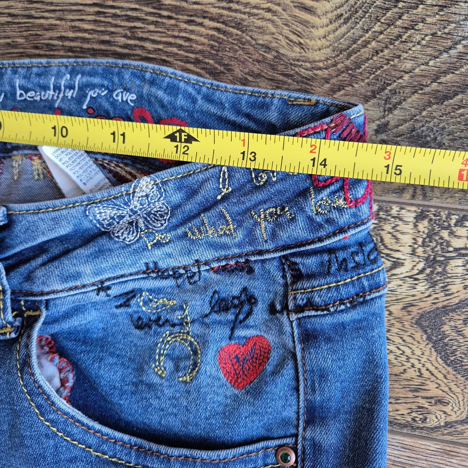 Desigual Embroidered Smocked Ankle Skinny Jeans Low Rise Stretch Blue Women's 28 - Thumbnail 12