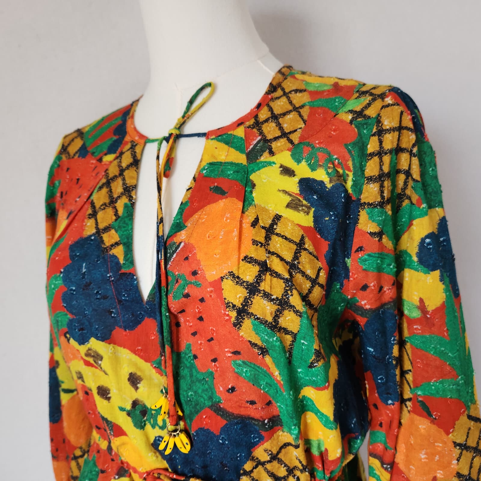 NEW Farm Rio $160 Fruit Salad Boho Mini Dress Tassel Long Sleeve Multicolor XS - Thumbnail 10