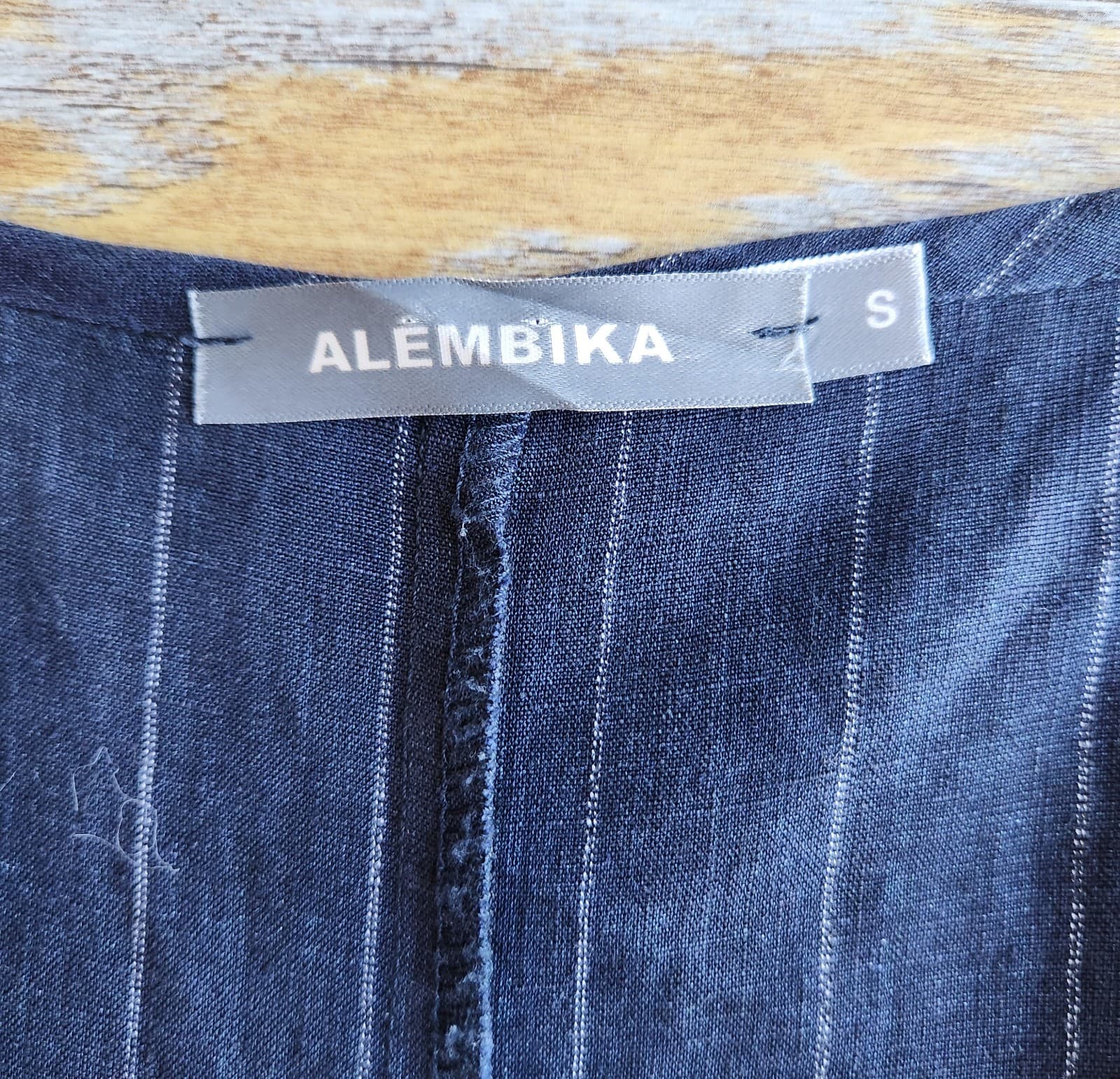 ALEMBIKA Linen Pinstripe Wide Leg Capri Jumpsuit Tie-Waist Pocket Navy Blue Sz.S - Thumbnail 9