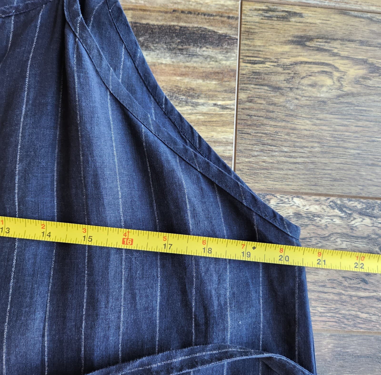 ALEMBIKA Linen Pinstripe Wide Leg Capri Jumpsuit Tie-Waist Pocket Navy Blue Sz.S - Thumbnail 10