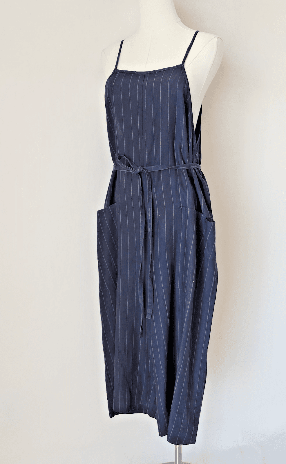 ALEMBIKA Linen Pinstripe Wide Leg Capri Jumpsuit Tie-Waist Pocket Navy Blue Sz.S