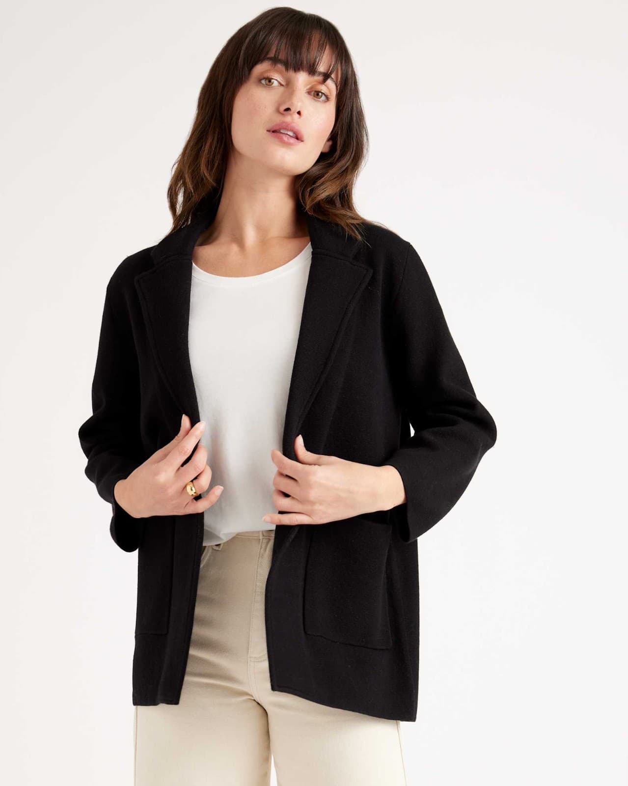 Quince 100% Organic Cotton Knit Blazer Open-Front Pocket Black Women's M - Thumbnail 2